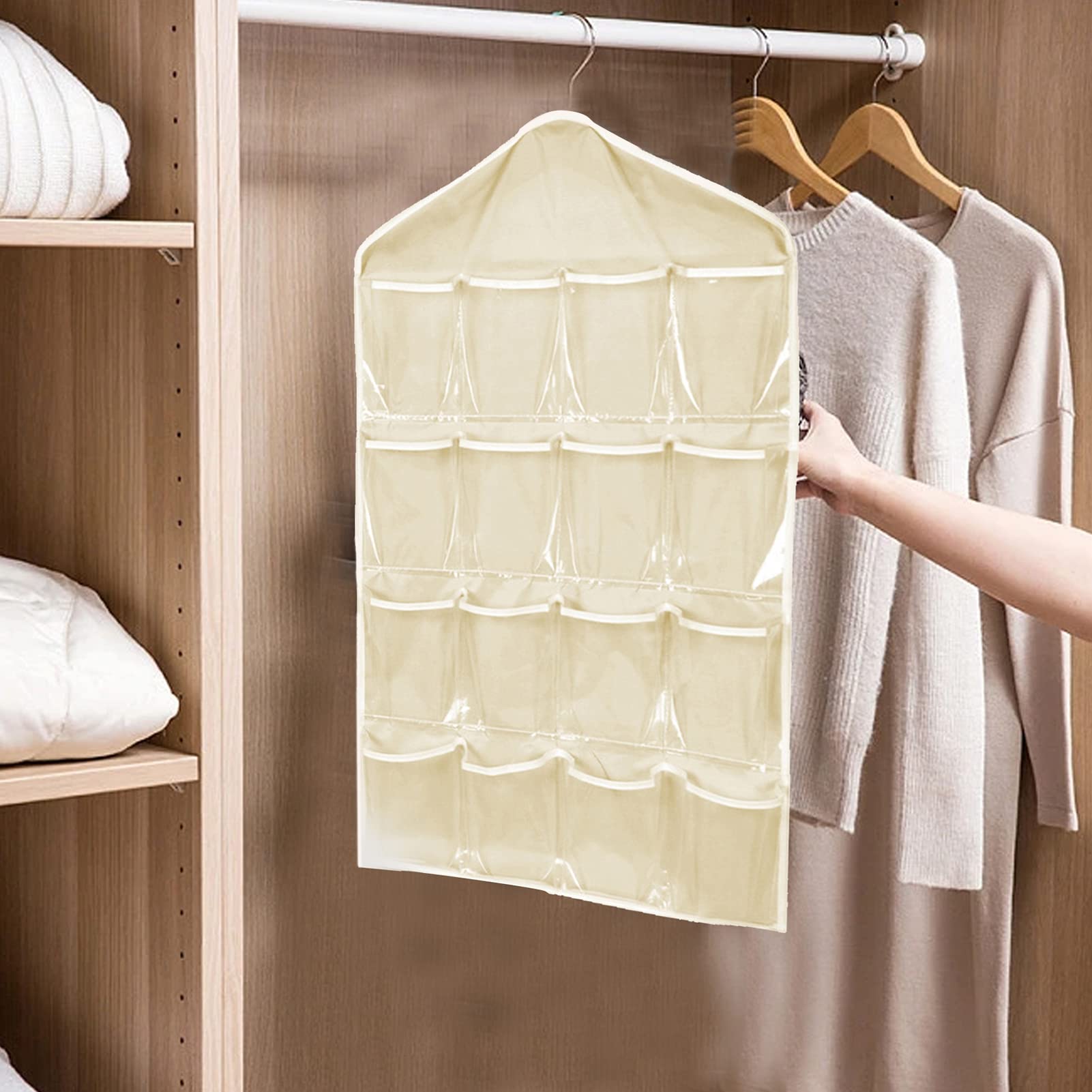 16-Pocket Hanging Closet Organizer - Large Wardrobe Storage Shelves for Clothes, Bras, Socks, Underwear & Leggings | Space-Saving Beige Closet Organizer for Bedroom, Dorm & Travel Use
