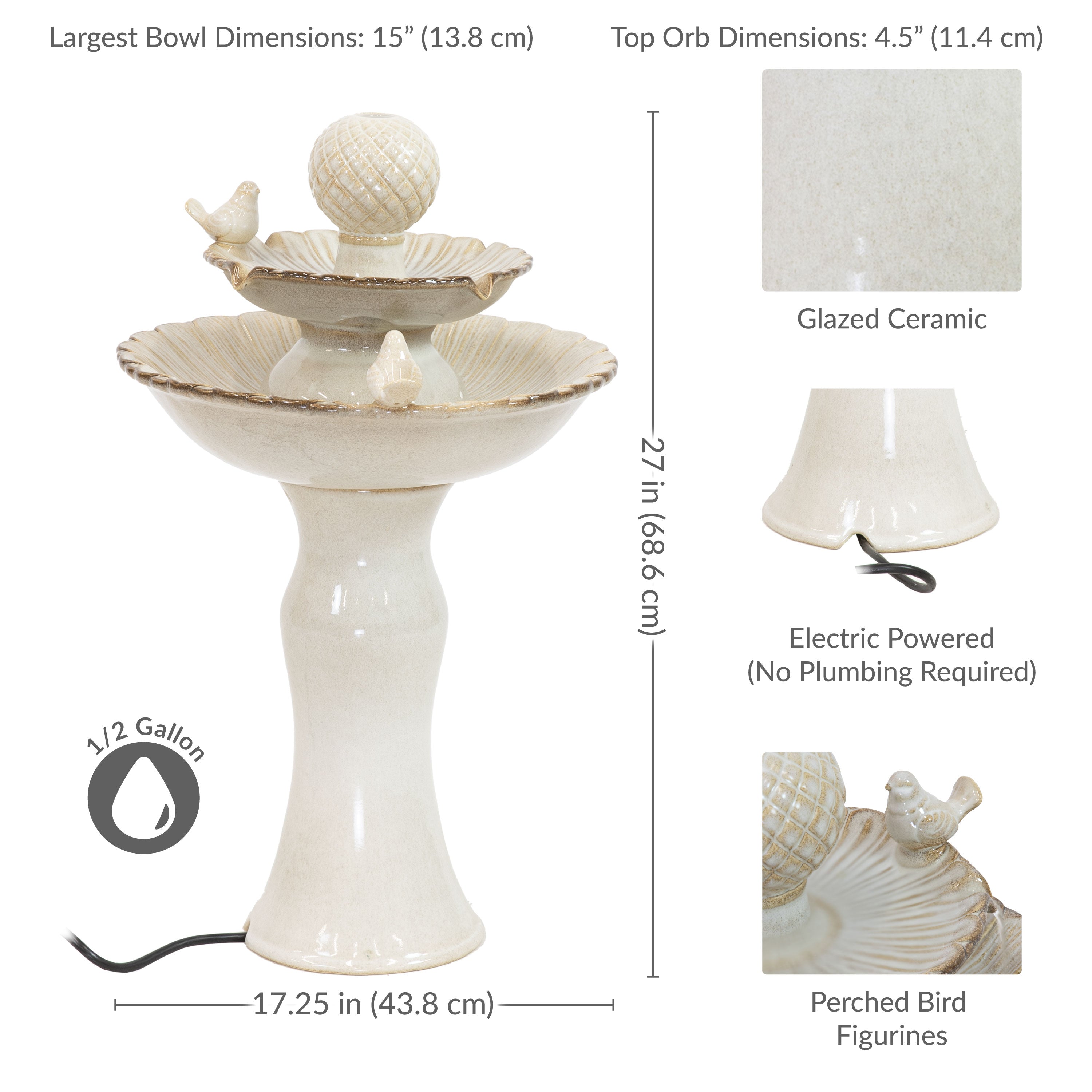Sunnydaze 2-Tier Ceramic Outdoor Water Fountain with Resting Birds - 27 Inch Garden Decor for Patio, Yard & Backyard - Relaxing Water Feature for Outdoor Spaces