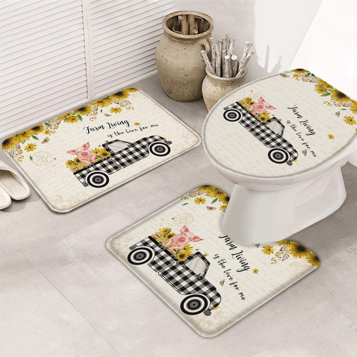 Royalreal 3-Piece Farmhouse Bathroom Rug Set - Non-Slip, Machine Washable (Bath Mat, Contour Rug & Toilet Cover) - Vintage Pig & Sunflower Truck Design - Perfect for Country Style Bathrooms, Guest Baths & Farmhouse Decor