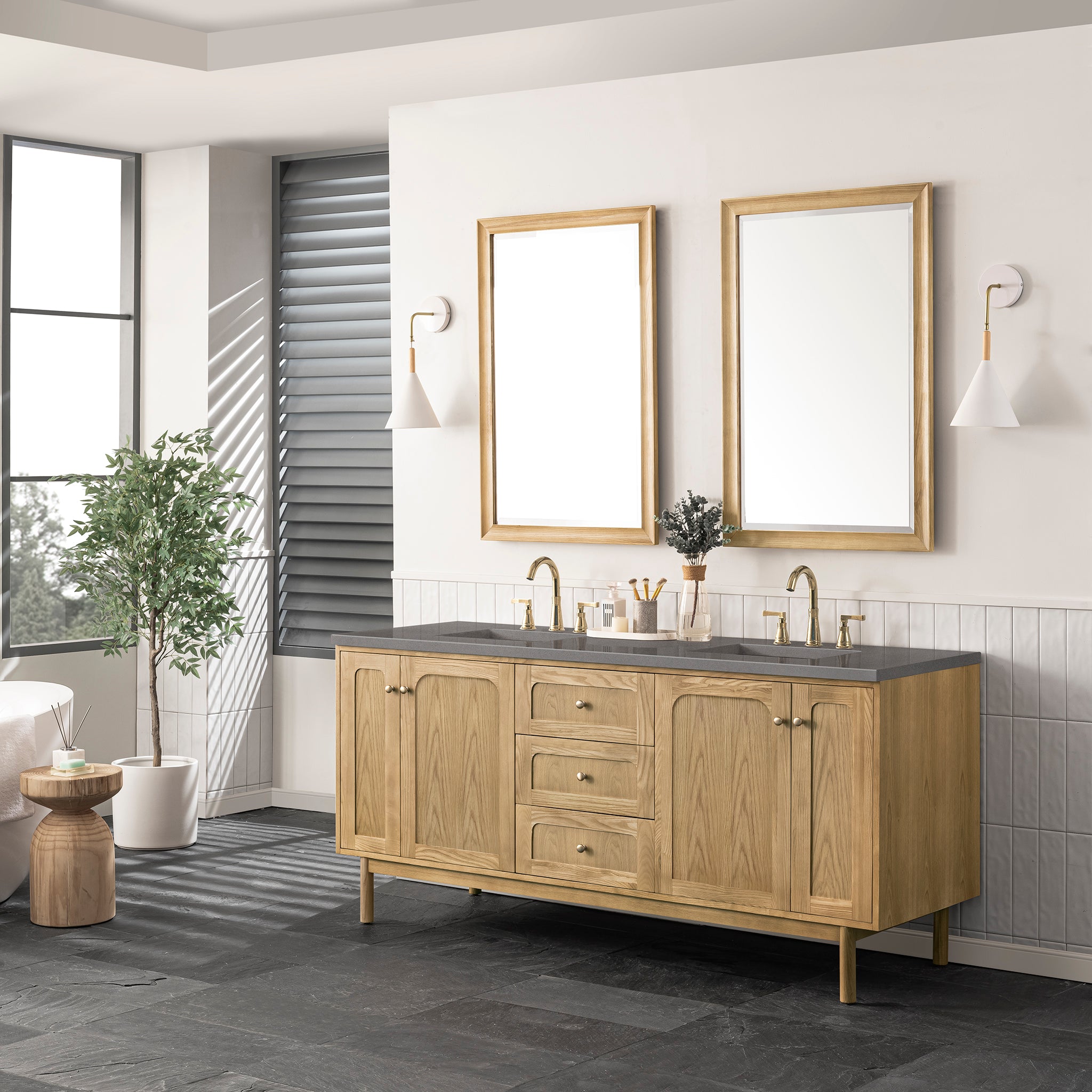 Laurent 72 Inch Double Bathroom Vanity with Sink - Light Natural Oak Finish & 3CM Grey Expo Countertop - Perfect for Master Bathroom Renovation and Modern Home Decor