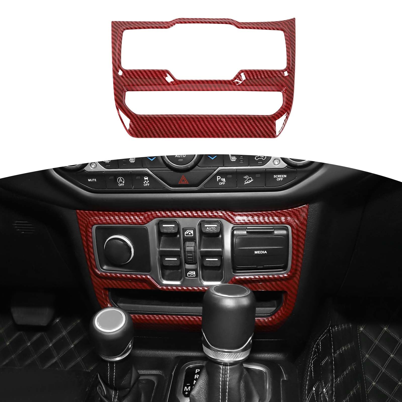 RT-TCZ Red Carbon Fiber Center Dash Window Switch Panel Trim Cover for Jeep Wrangler JL JLU & Gladiator JT (2018-2024) - Interior Upgrade Accessories for Off-Roading & Daily Driving