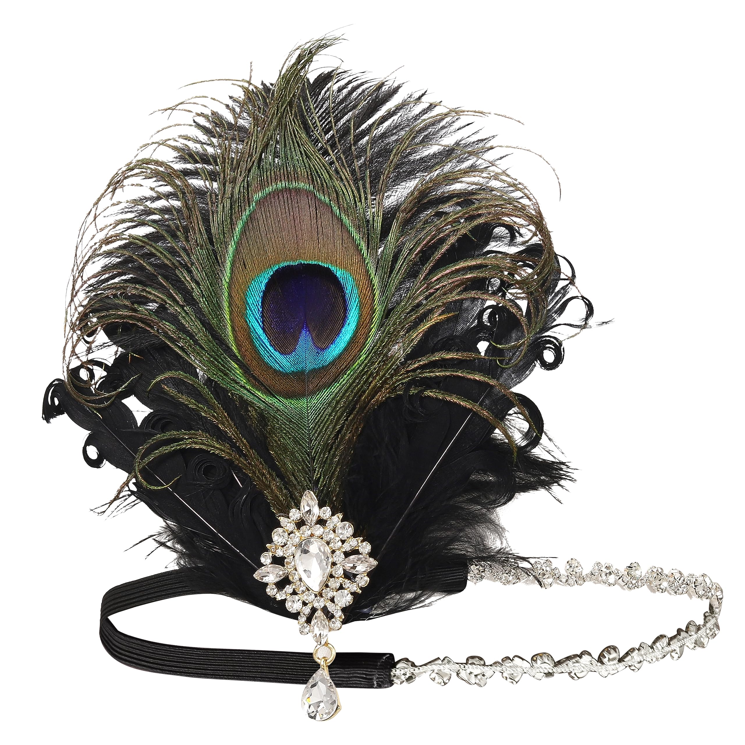 Peacock Feather Headband for Women - Elegant Black Sequin Rhinestone Hair Accessory for Parties, Weddings & Special Occasions (Pattern 2) | Perfect for Costumes, Prom, and Evening Events
