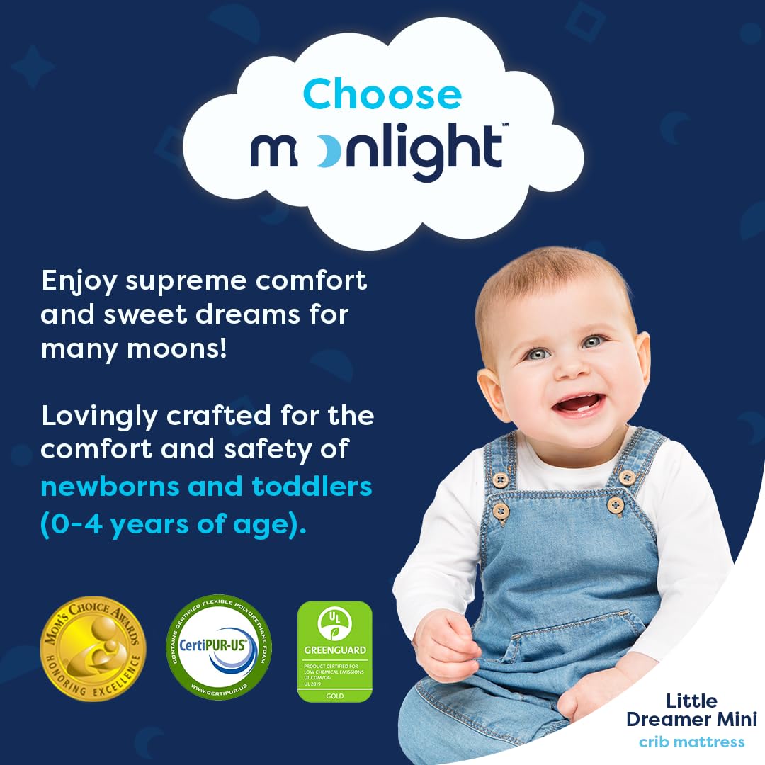 Moonlight Slumber Little Dreamer Mini Crib Mattress - Dual-Sided 2-Stage Baby & Toddler Mattress with Plush & Firm Layers, Waterproof Cover - 38