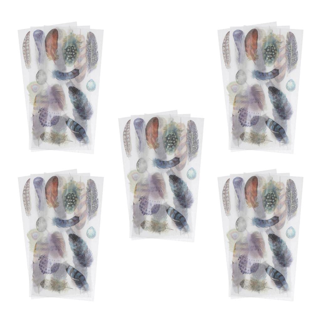 DYNWAVE 5 Sheets Decorative Washi Paper Stickers for Scrapbooking, Card Making, Journaling, Diary & DIY Crafts - Beautiful Feather Design for Bullet Journals, Planners, and Gift Wrapping