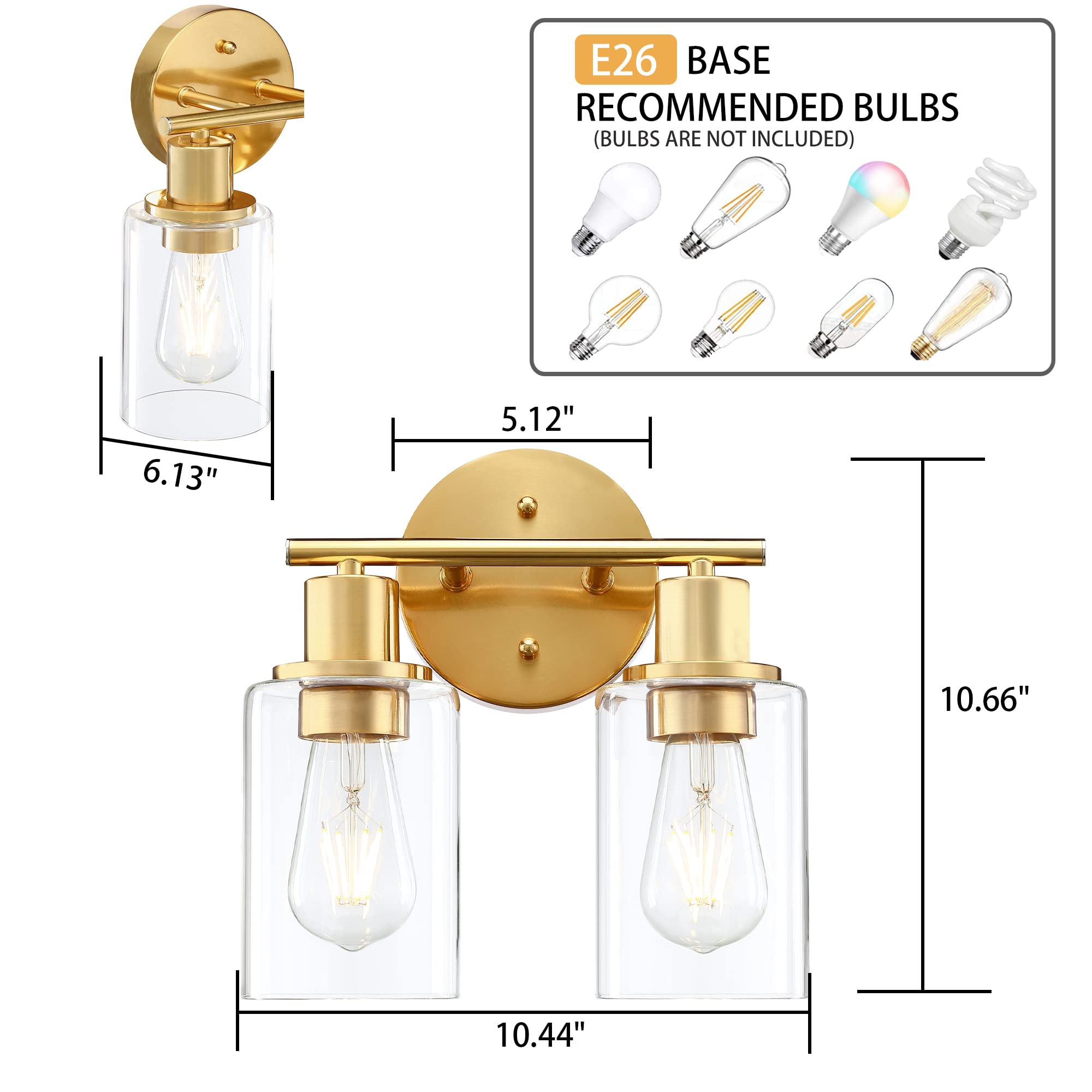 2-Light Gold Bathroom Vanity Light Fixture with Clear Glass Shades - Wall Sconce for Mirror Lighting in Bathroom, Bedroom, Living Room & Hallway | Modern Vanity Lighting for Home Decor