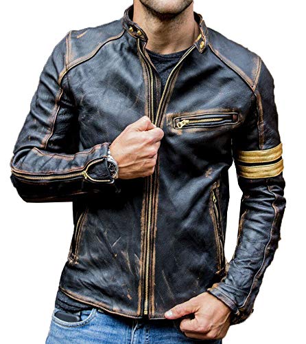 Vintage Cafe Racer Distressed Black Leather Jacket for Men - Motorcycle Biker Jacket with Classic Style | Perfect for Riding, Casual Wear & Retro Fashion