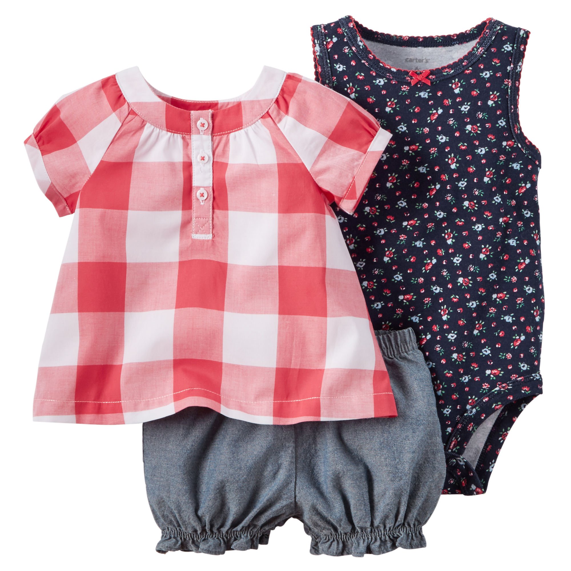 Carters Baby Girls 3-Piece Plaid Floral Bodysuit Set - 18 Months, Red/Navy Blue - Soft Cotton Outfit for Playdates & Family Photos