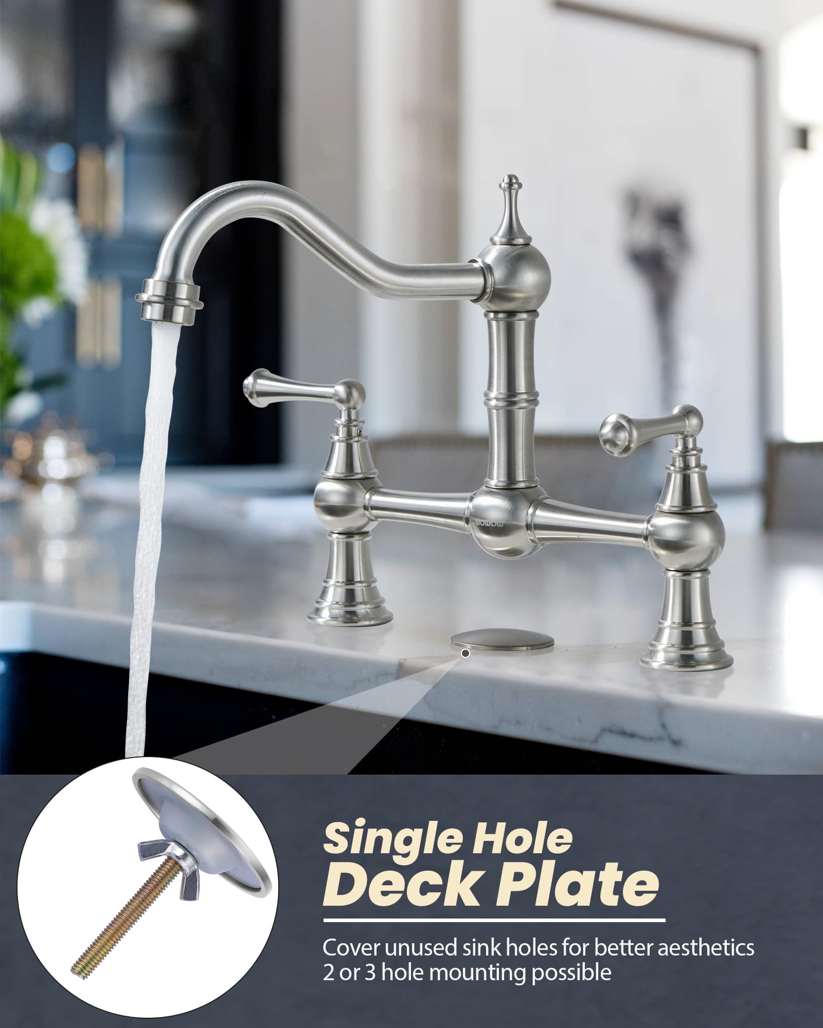 WOWOW 8-inch Centerset Deck Mount Kitchen Faucet - Solid Brass Construction, Brushed Nickel Finish - Compatible with 2 or 3 Hole Sinks - Perfect for Kitchen, RV, Laundry & Bar Use