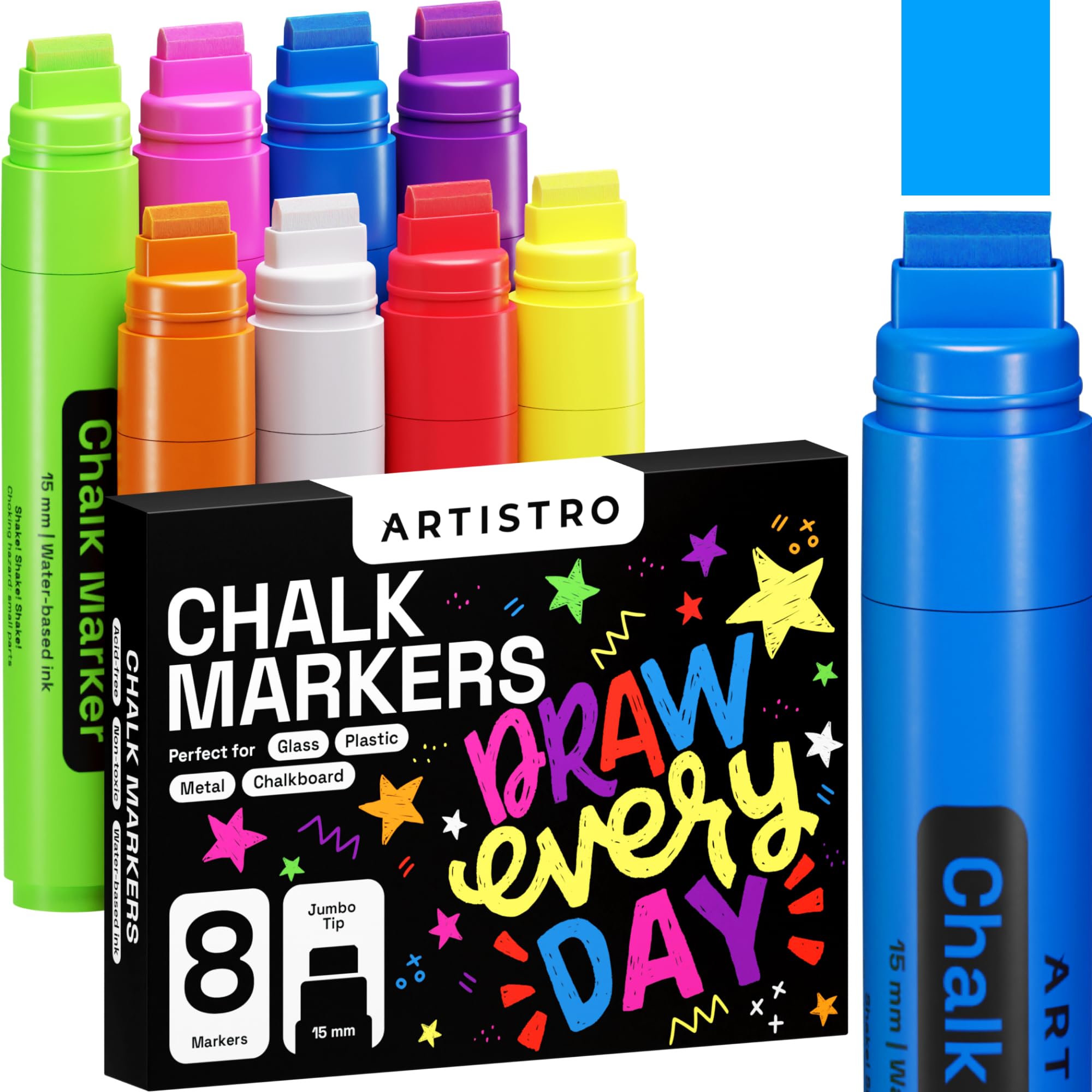 ARTISTRO 8 Pack Jumbo Liquid Chalk Markers - Pre-Activated Erasable White Chalk Markers for Glass, Signs, Windows, Cars & Chalkboards - Perfect for Kids, Adults, Restaurants, Cafes & DIY Home Decor Projects