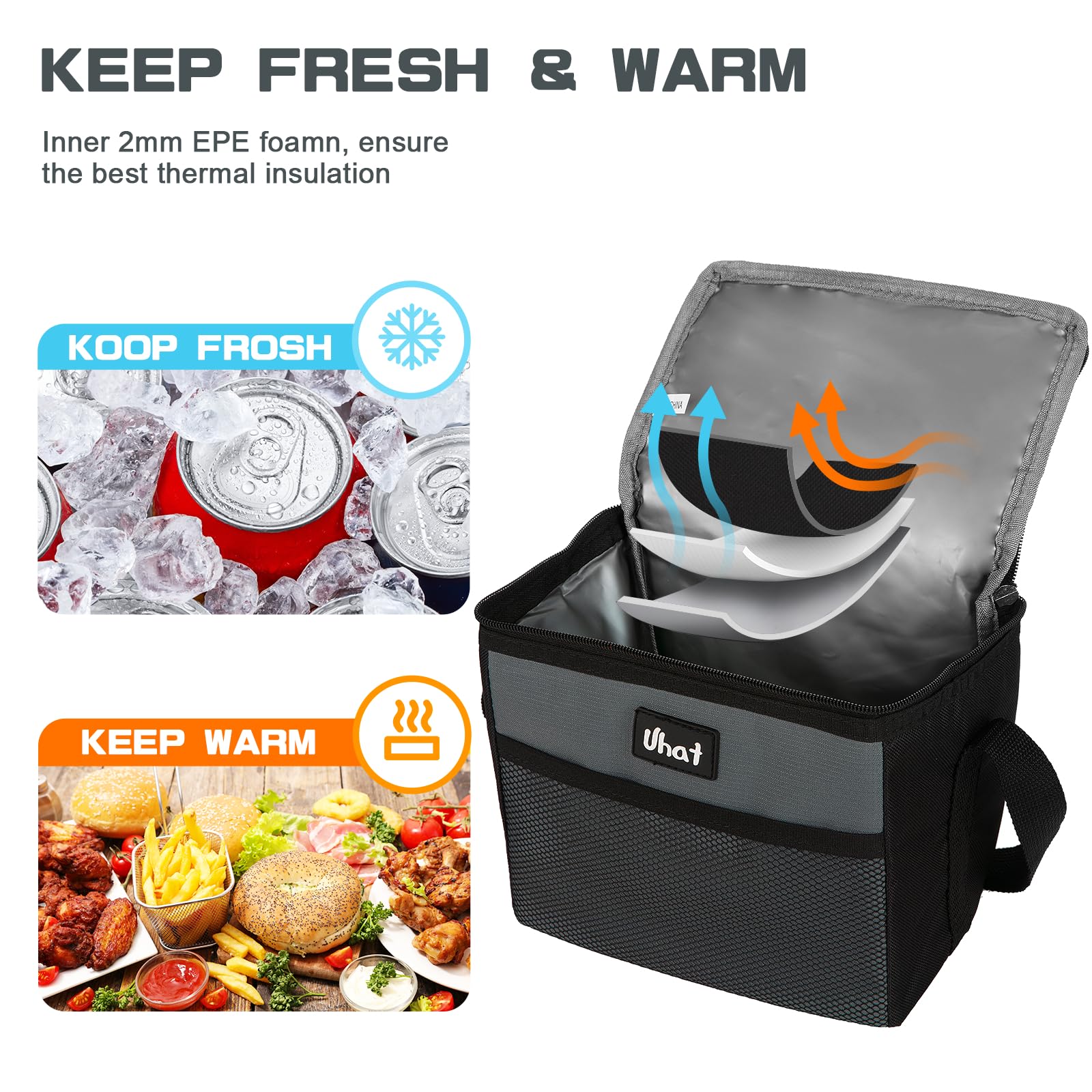 Uhat 5L Insulated Lunch Box for Adults - Dual Compartment Cooler Bag for Work, School & Travel - Leakproof Thermal Food Container for Picnics, Office & Outdoor Activities (Grey)