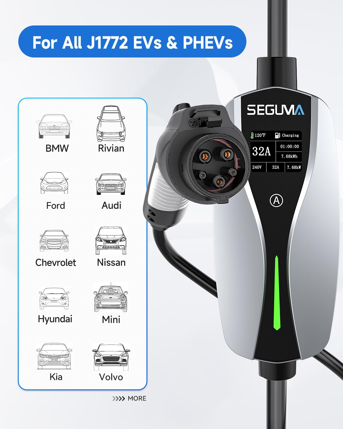 32A 240V Level 2 EV Charger with NEMA 14-50 Plug | 25ft Extension Cable | Adjustable Current | Portable Electric Car Charger for Home & Outdoor Use | Fast Charging Station for Tesla, Nissan Leaf, Chevy Bolt & More EVs
