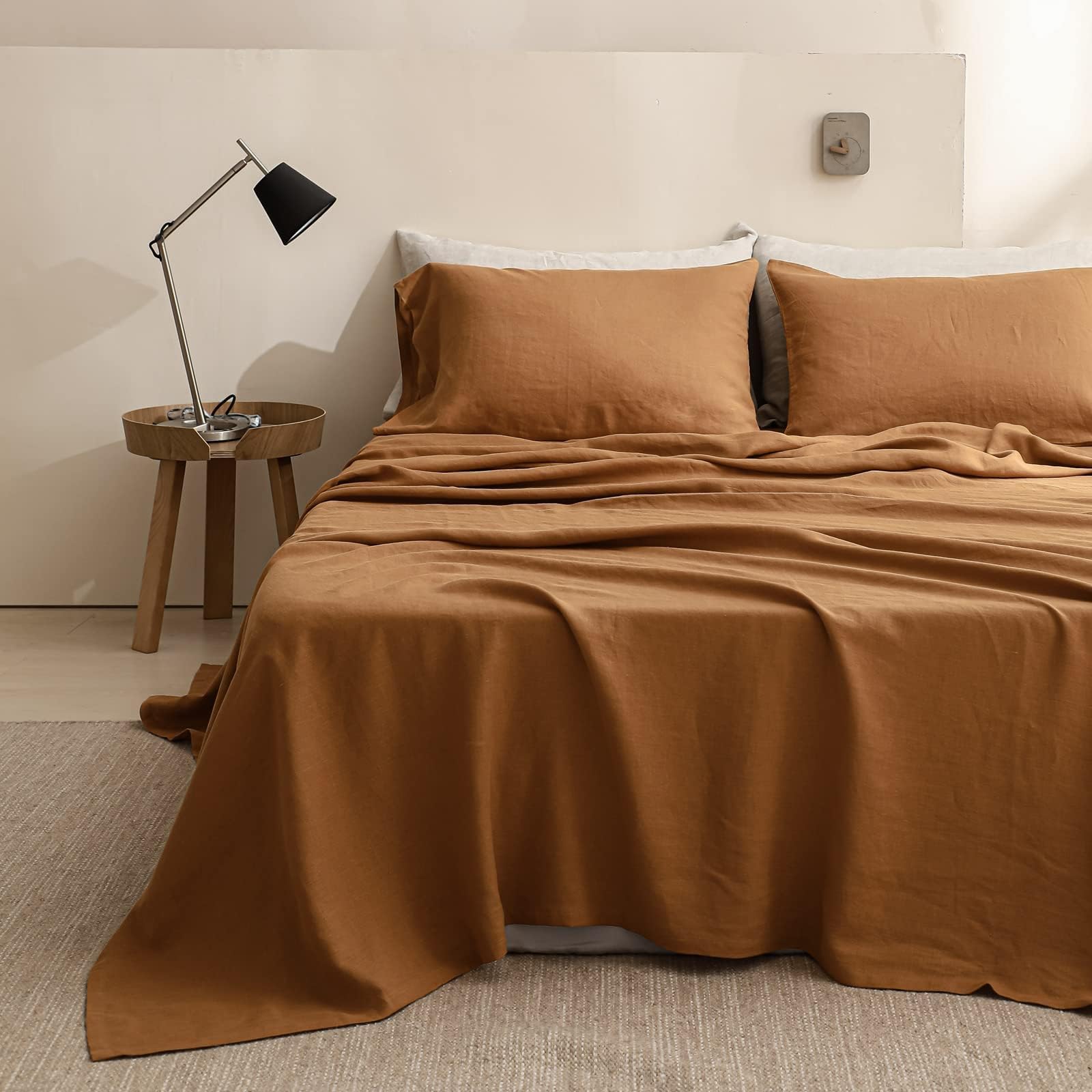 Premium 100% French Linen Sheet Set - Twin Size 3-Piece (Rust Color) | Natural Breathable & Durable All-Season Bedding | Soft Luxury Linen Sheets for Bedroom, Guest Room & Vacation Homes