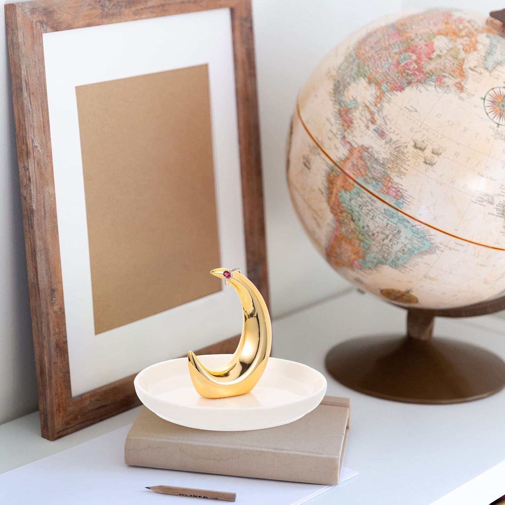 Yardwe Ceramic Jewelry Tray - Moon Shaped Ring Holder & Trinket Dish - Elegant Vanity Organizer for Rings, Earrings, Necklaces - Perfect for Dresser, Bathroom Counter & Gift Giving - White