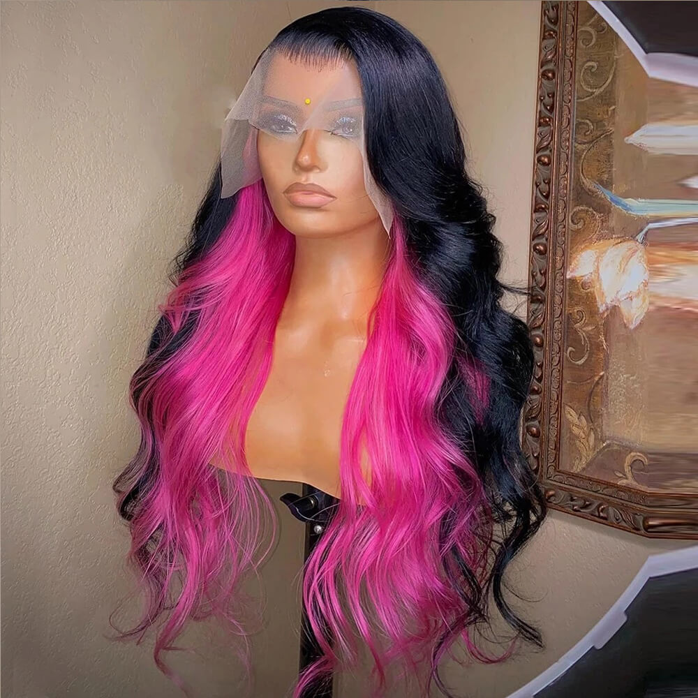 Eullair Human Hair Lace Frontal Wig with Trendy Inner Color (Red/Pink) - Perfect for Daily Wear, Parties & Special Occasions