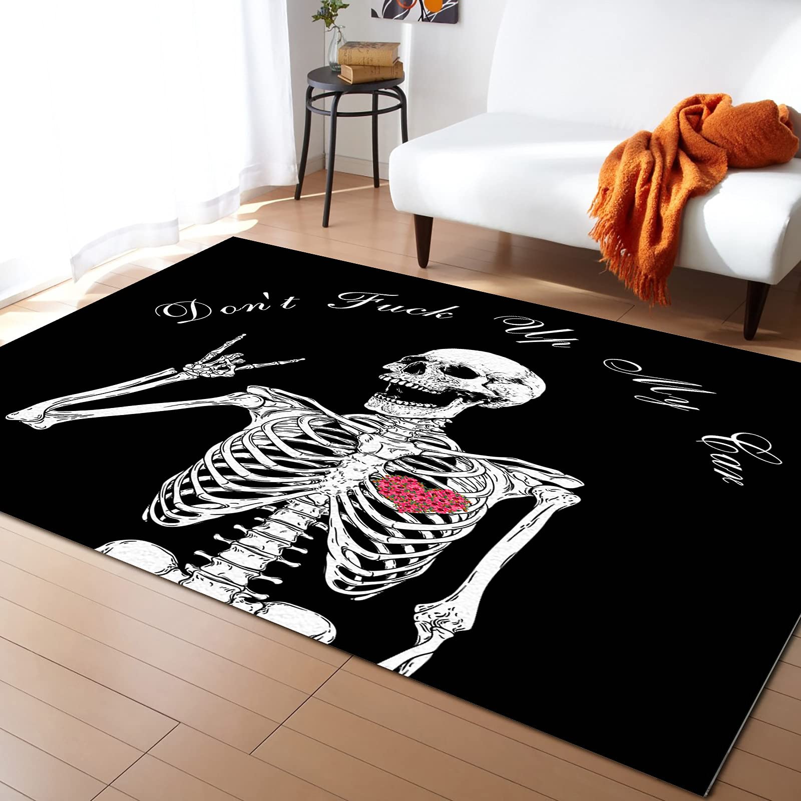 5x8ft Washable Non-Slip Indoor/Outdoor Accent Rug - Skull Skeleton Design Bathroom Mat, Front Door Carpet, Bedroom & Kitchen Floor Decor - Perfect for Home, Office, Dorm, and Patio Use