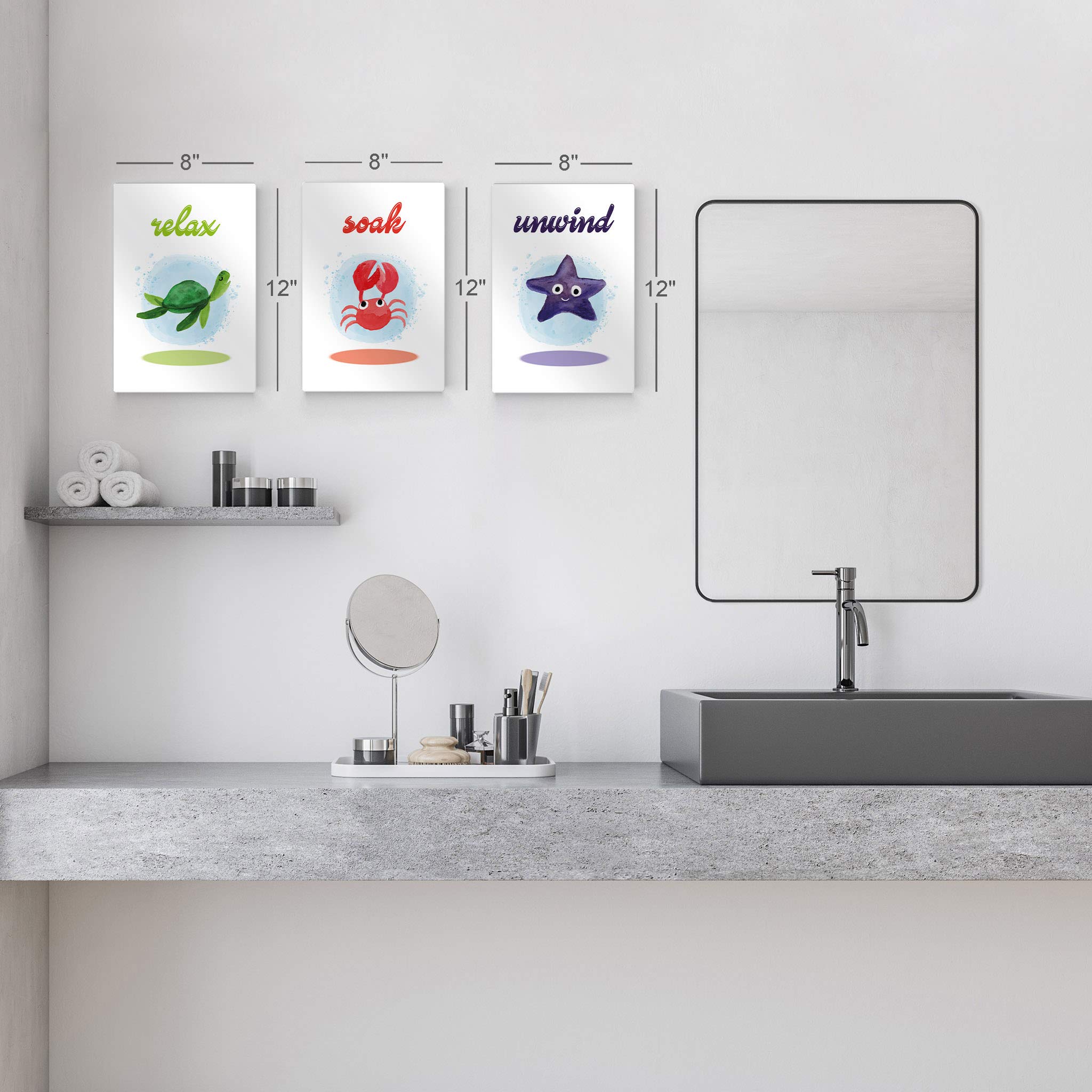Smile Art Design Relax, Soak, Unwind Quote Bathroom Decor - 3 Piece Metal Print Set with Sea Turtle, Starfish & Crab - Funny Bathroom Signs for Kids - Nursery Wall Art Ready to Hang (17x11 Inches) - Perfect for Coastal Themed Bathrooms, Beach House Decor & Children's Room Wall Decor