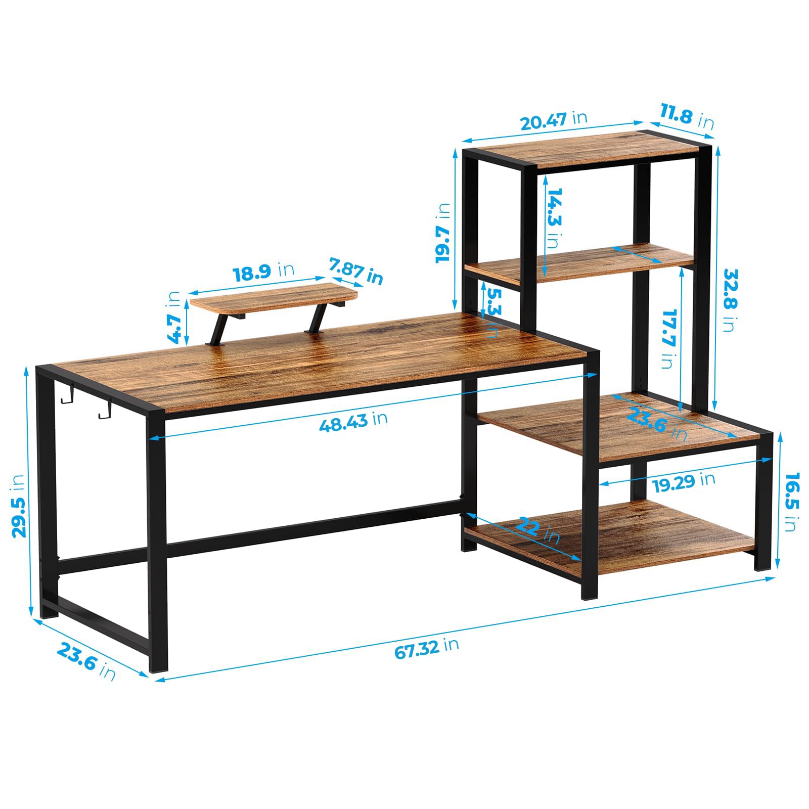 GreenForest 67-inch Computer Desk with Printer Shelf & Monitor Stand - Reversible Office Desk with 2 Hooks for Home Office, Study, Writing & Gaming - Perfect for Small Spaces & Workstations (Brown)