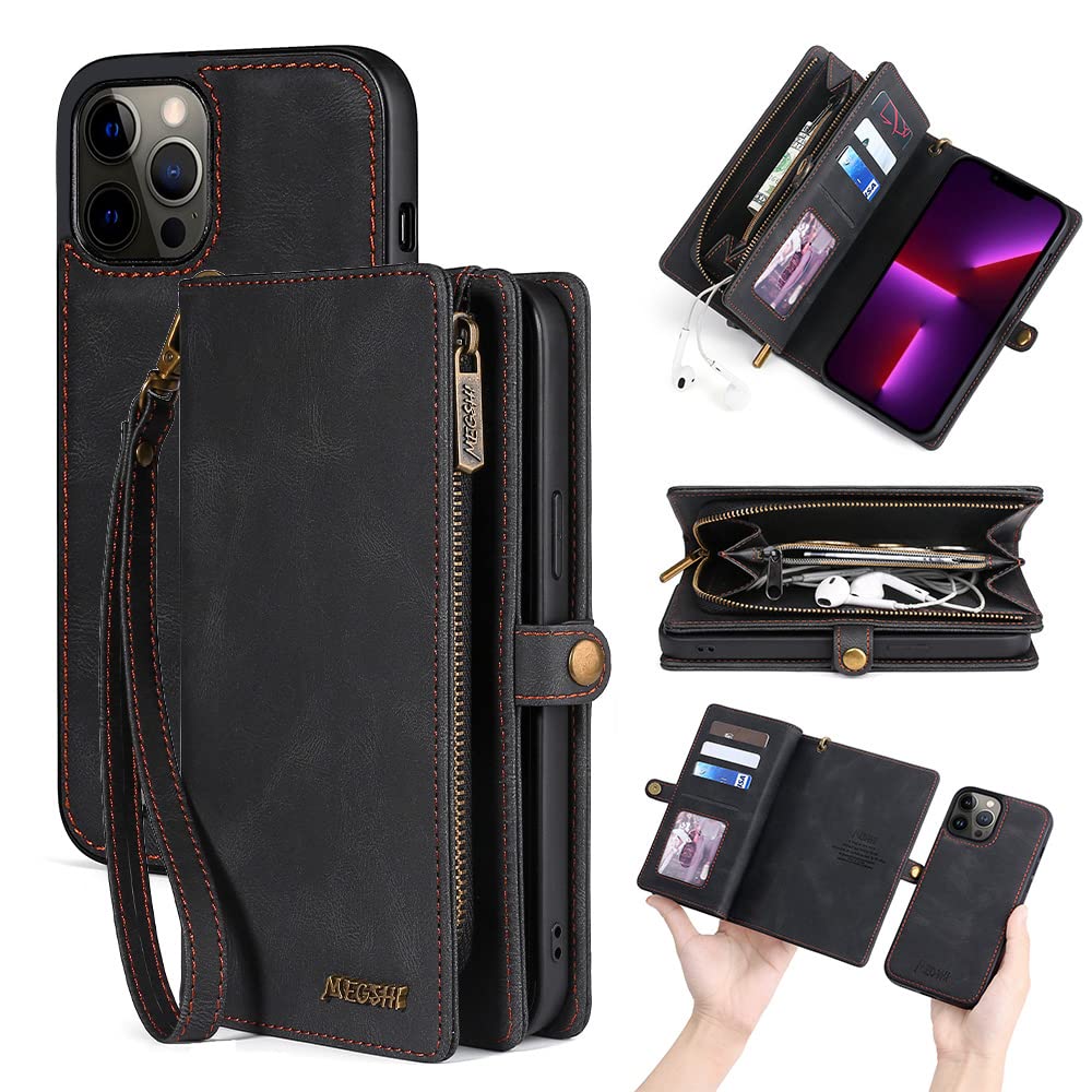 Premium PU Leather Magnetic Flip Wallet Case for iPhone 12 Pro Max - Card Holder & Zipper Wallet with Wrist Strap (Black) | Slim Protective Phone Cover for Men & Women | Perfect for Travel, Shopping & Everyday Use