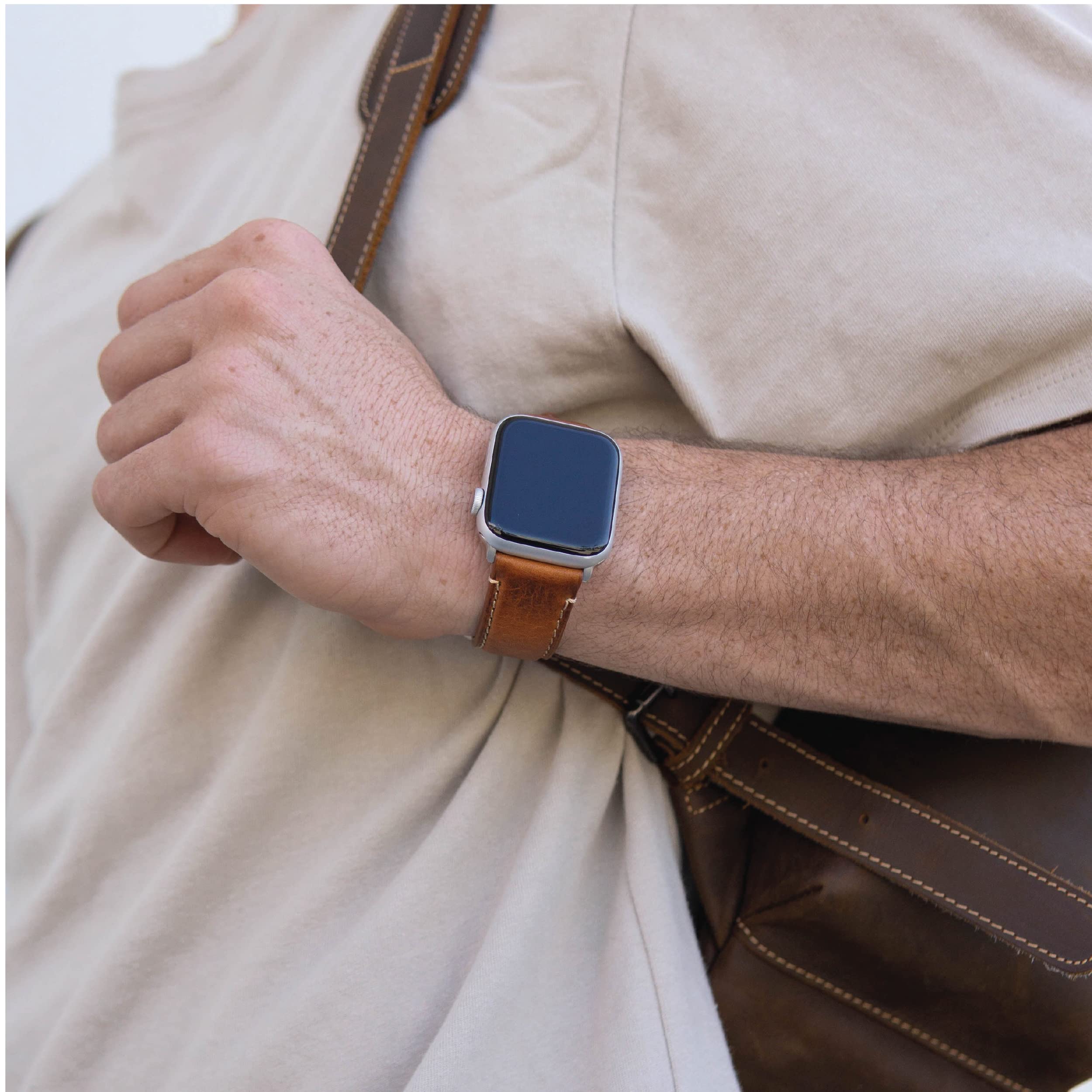 Premium Bullstrap Men's Full-Grain Italian Leather Watch Band - Compatible with Apple Watch Series 1-8 - Durable Luxury Replacement Strap for Work, Travel & Everyday Wear