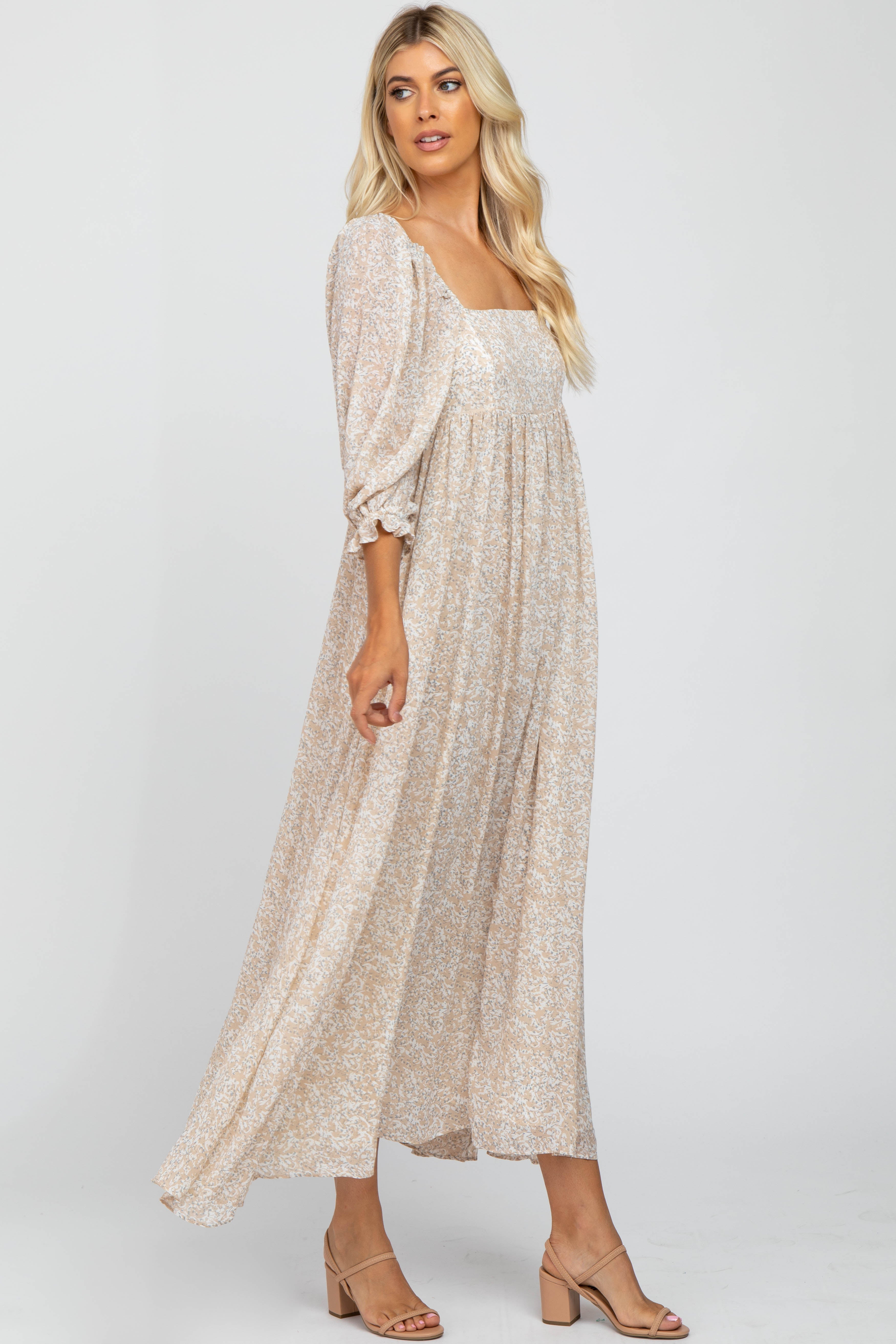 Elegant Beige Chiffon Printed Square Neck Empire Waist Maxi Dress for Women - Perfect for Summer Weddings, Beach Vacations & Special Occasions