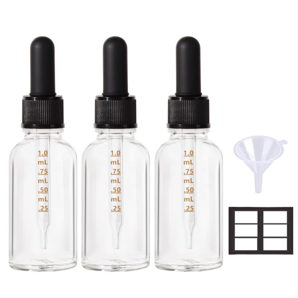 3 Pack 1 oz Glass Dropper Bottles with Lids - Clear Small Travel Containers for Essential Oils, Perfume, DIY Beauty & Craft Supplies - Perfect for Home, Travel & Gift Packaging