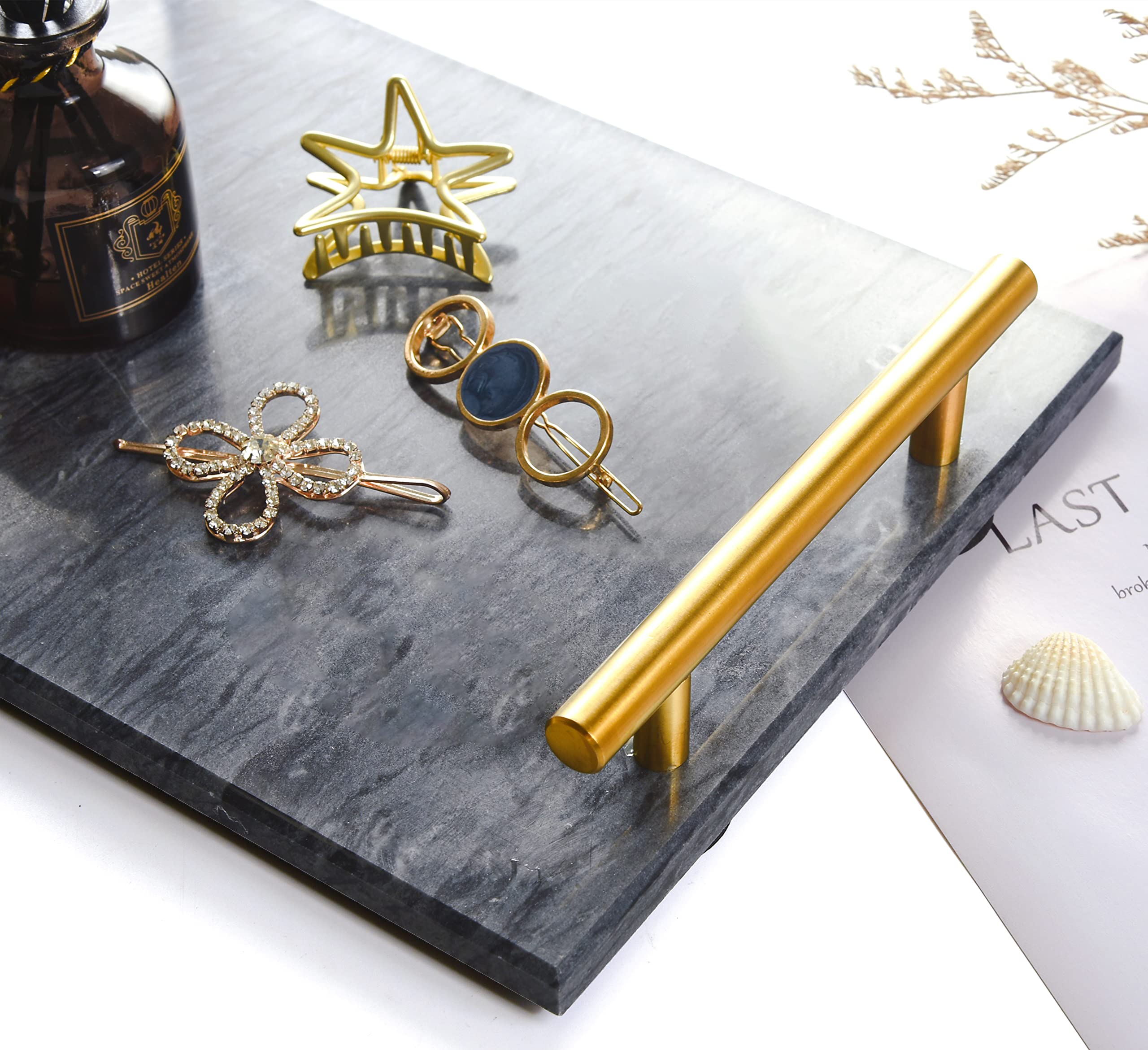Natural Marble Tray with Gold Handle - Elegant Decorative Stone Tray for Bathroom, Kitchen, Vanity, Dresser & Nightstand - 11.8