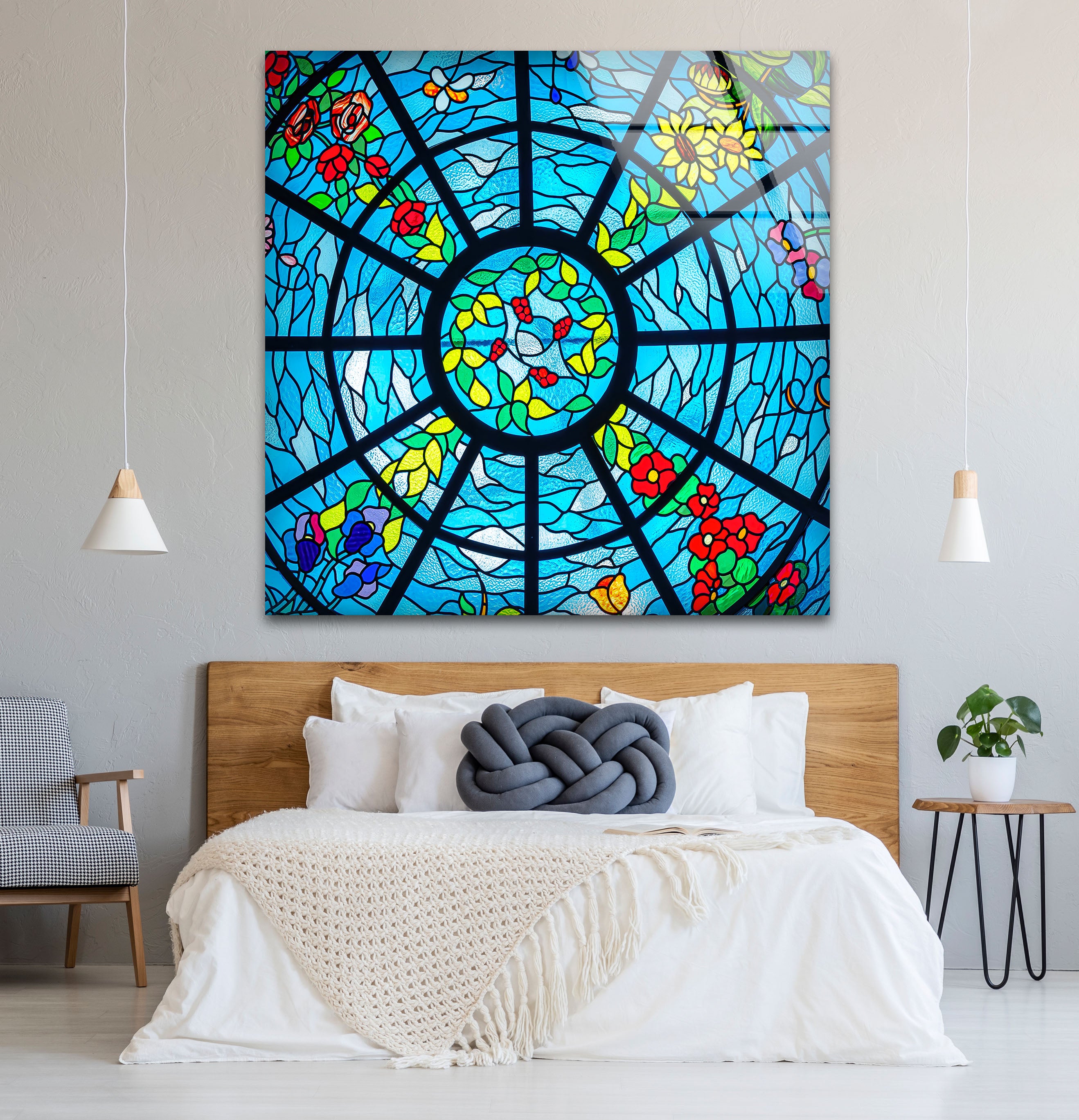 Blue Stained Glass Wall Art - Vibrant Floral & Ocean Window Design for Home & Office Decor | Perfect for Living Room, Bedroom, or Office Wall Decorations