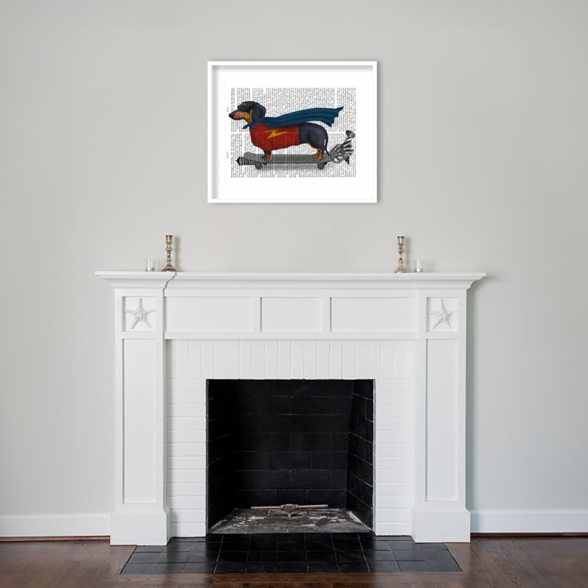Amanti Art Framed Wall Art Print 28x33 - Dachshund on Skateboard by Fab Funky, Whimsical Animal Wall Decor, Large Canvas Painting for Living Room, Bedroom, Office | Perfect for Pet Lovers & Modern Home Decor