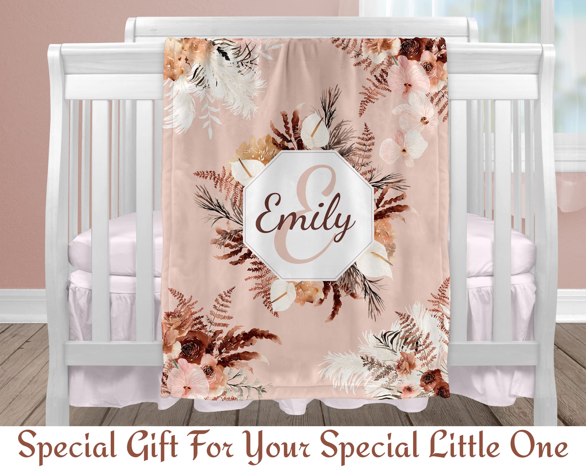 Custom Personalized Baby Blankets with Name - Soft Beige Boho Floral Blanket for Newborns & Kids - Perfect Baby Shower Gift for Girls (Nursery, Photo Shoots, Travel)