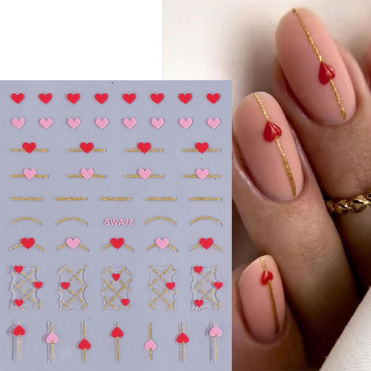Valentine's Day Heart Nail Art Stickers - 6PCS Black White Red Heart French Tip Stripes Nail Decals for Women | Perfect for Valentine's Nail Designs, DIY Nail Art Decorations & Special Occasions