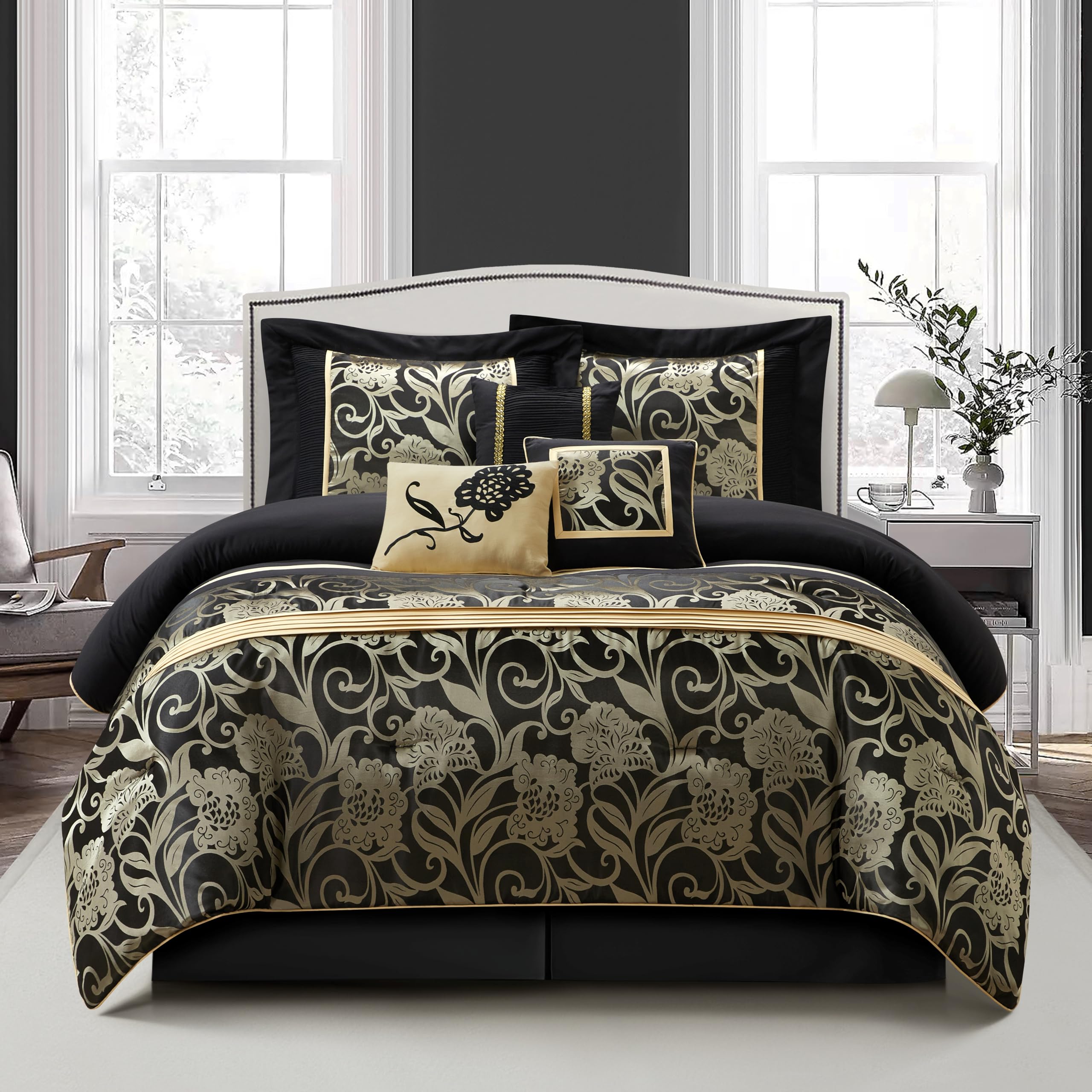 Stratford Park Jacquard 7-Piece King Size Comforter Set - Black Floral Bedding with Matching Bedskirt, Pillows & Shams | Luxury Bedroom Decor for Master Suite