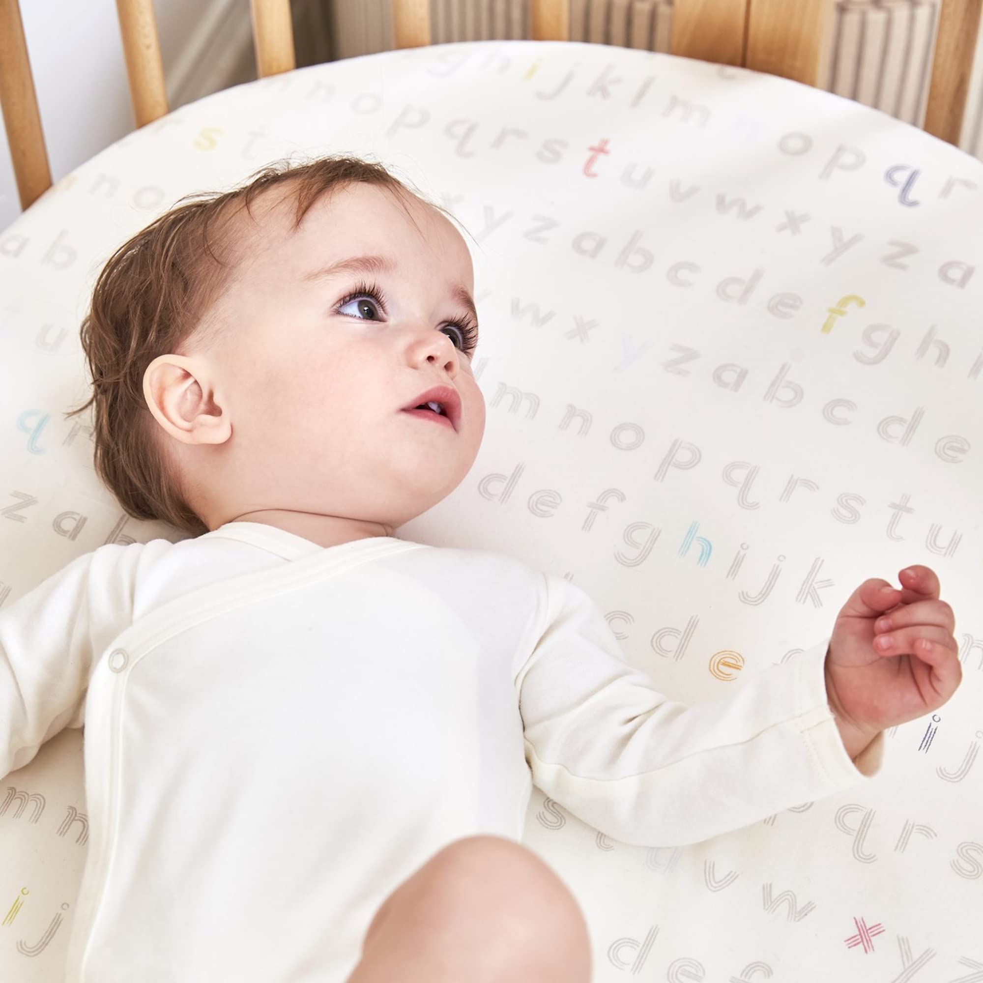 Stokke Sleepi Fitted Sheet by Pehr - 100% Cotton Soft Crib Sheets for Stokke Sleepi Mini & Baby Bed | Rainbow Alphabet Lines Design | Playful Nursery Patterns | Perfect for Newborn Sleep Safety & Daycare Naps
