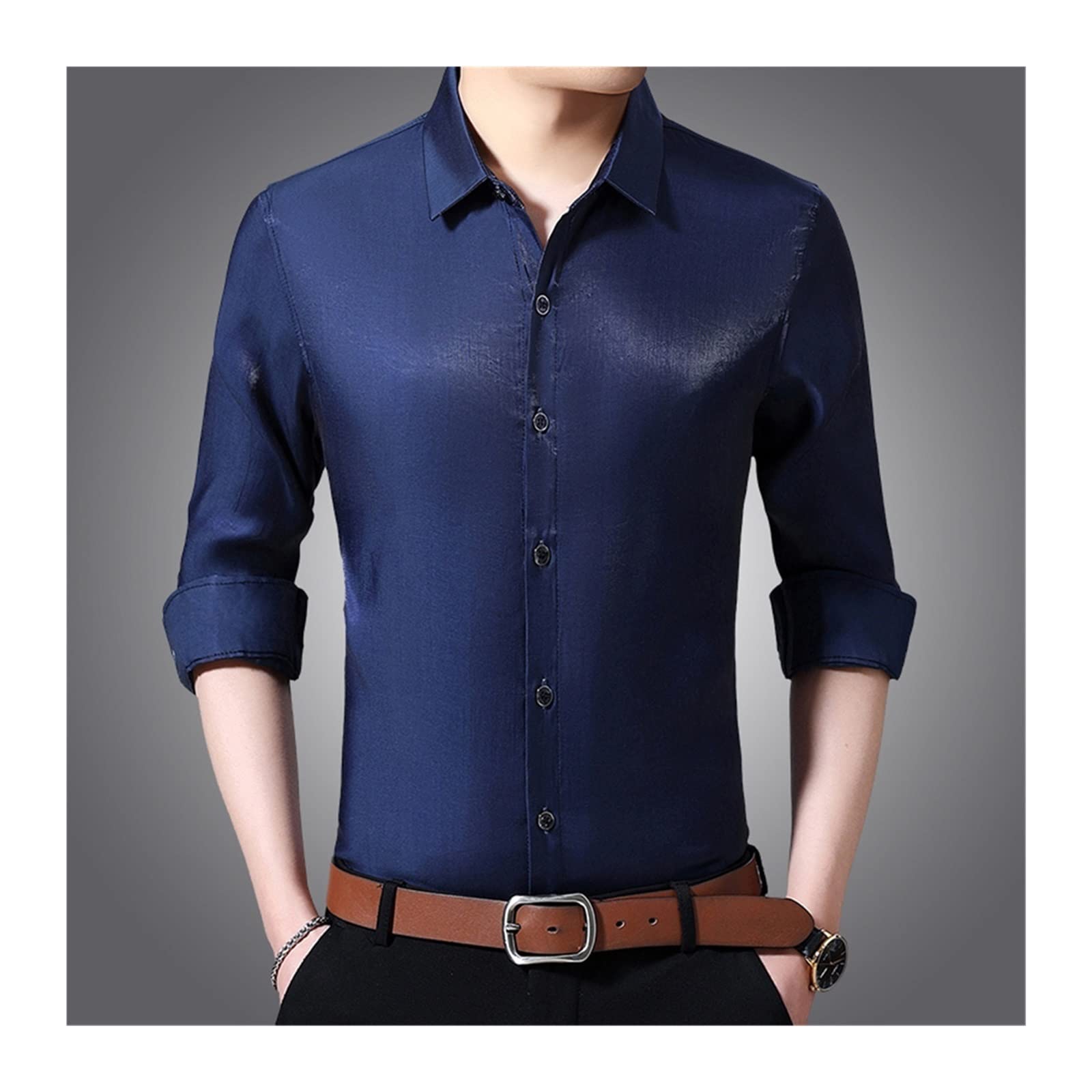 MMLLZEL Men's Purple Satin Shirt - Light Blue Long Sleeve Ice Silk Dress Shirt for Formal & Casual Wear - Large Size (Color A, Size M) - Perfect for Office, Party & Date Night Outfits