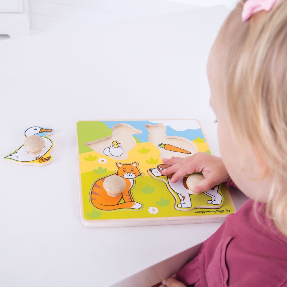 Bigjigs Toys Wooden Peg Puzzle Pets - Educational Animal Puzzle for Toddlers 1+ Year Old, Fine Motor Skills Learning Toy for Babies & Kids, First Wooden Jigsaw Puzzle - Perfect for Early Childhood Development & Montessori Playtime