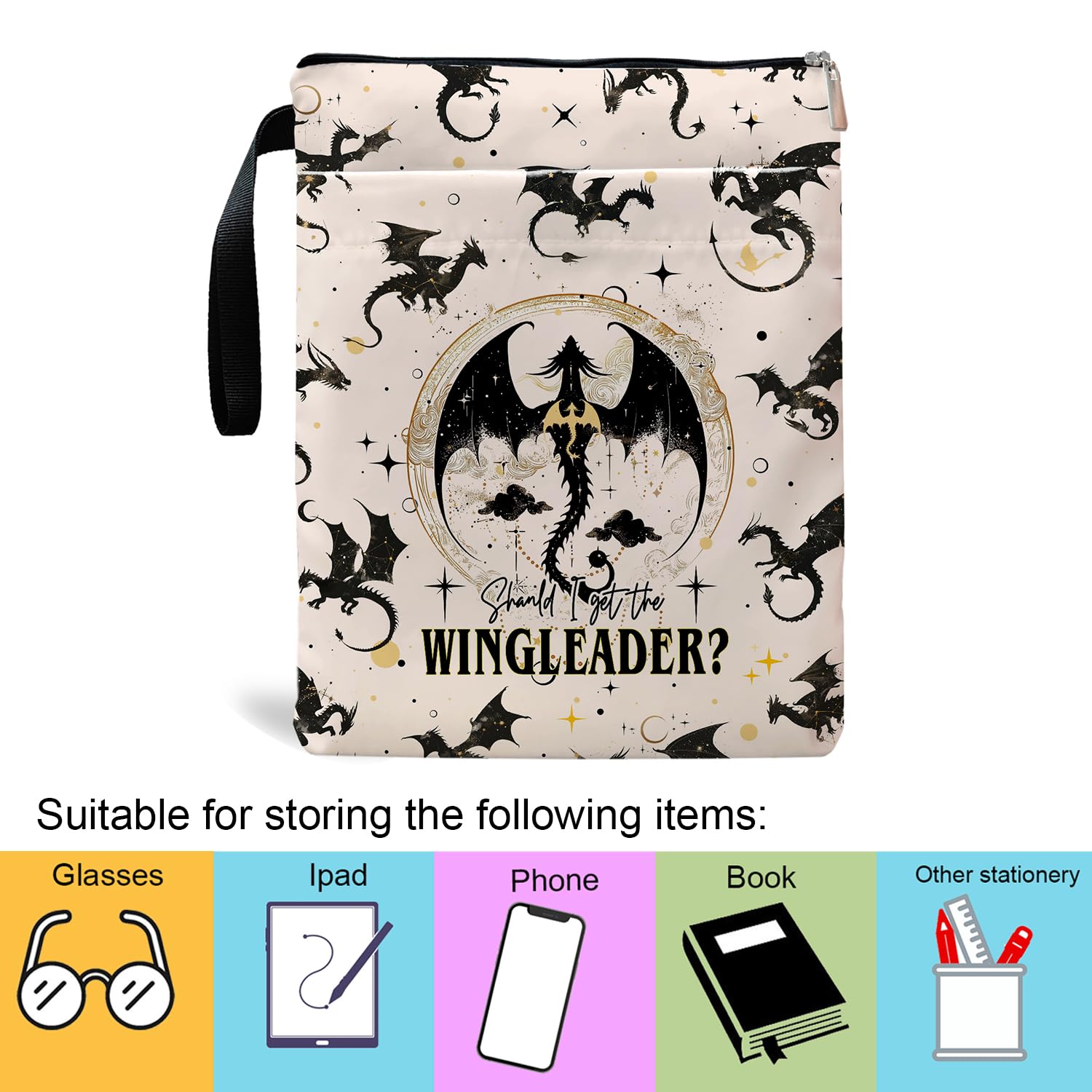 Fourth Wings Inspired Book Sleeve with Zipper - Dragon Themed Protective Cover for Books, Kindle, E-Readers - Perfect Gift for Women, Teachers, Librarians & Book Lovers (White-A, Large) - Ideal for Reading, Travel & Book Storage