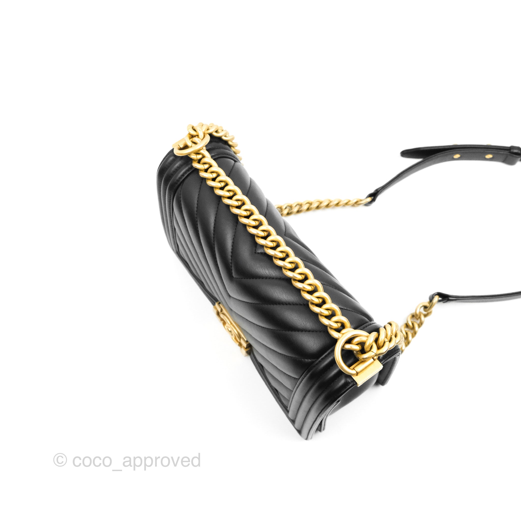 Chanel Chevron Medium Boy Bag in Black Calfskin with Aged Gold Hardware - Luxury Crossbody Purse for Women, Perfect for Evening Events & Date Nights