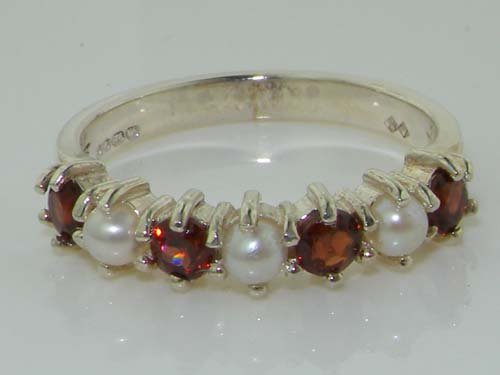 925 Sterling Silver Cultured Pearl & Garnet Women's Eternity Ring - Elegant Stackable Wedding Band for Anniversary, Engagement, or Gift Giving