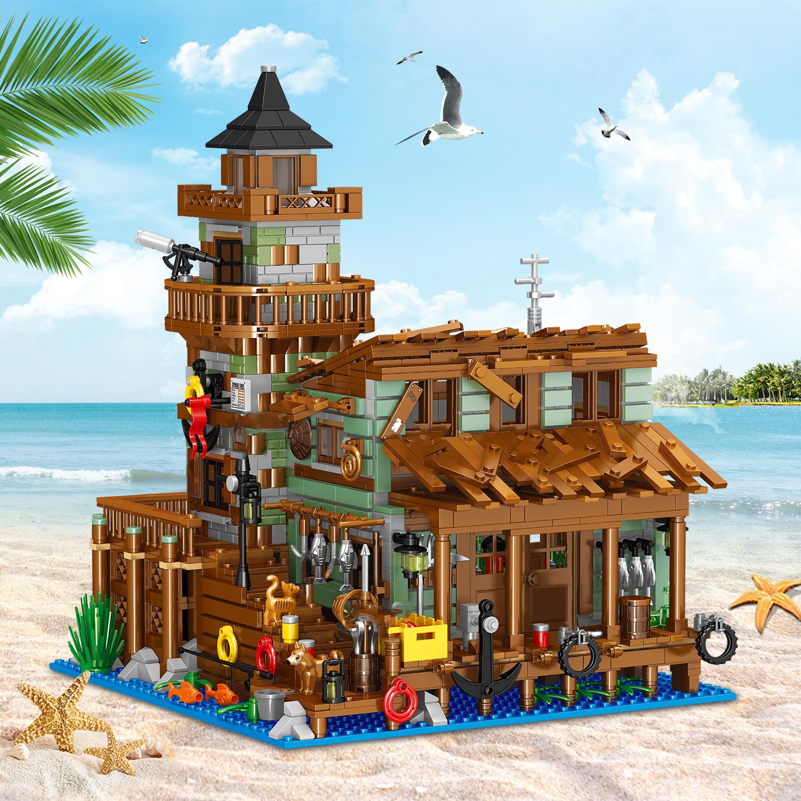 1881-Piece Wooden Cabin Mini Building Block Set with LED Lights - STEM Architecture Toy Kit for Adults & Kids Ages 8-12+ | Fishing Village Store House Model | Perfect Birthday Gift & Home Decoration (Not Compatible with Other Sets)