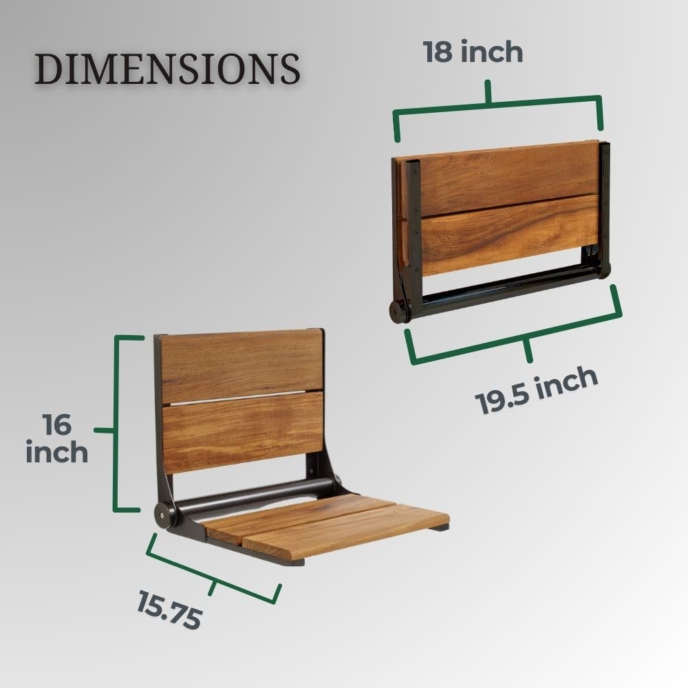 Premium Teak Shower Seat with Backrest - ADA Compliant Folding Wall Mount Bath Bench for Elderly & Disabled - 500 lb Weight Capacity - 304 Stainless Steel Frame - Oil Rubbed Bronze Finish (18