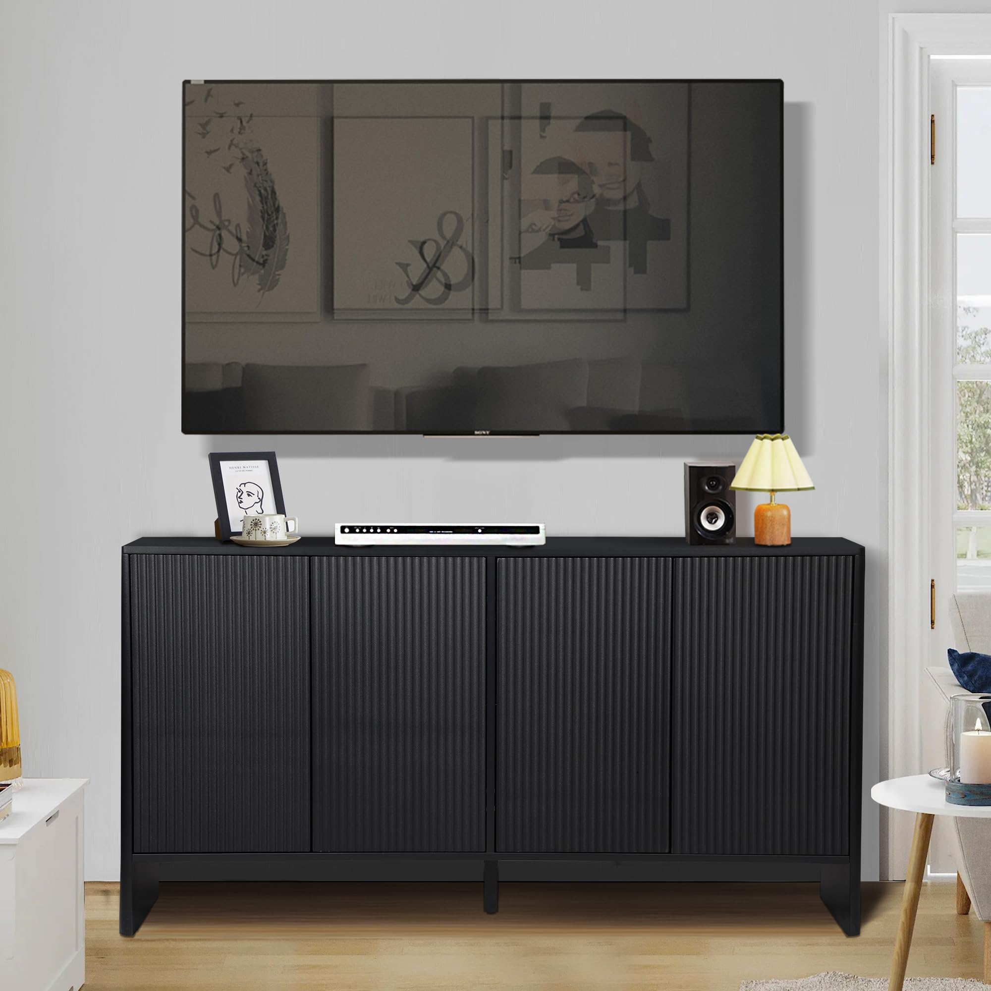 Modern Sideboard Buffet Cabinet with 4 Fluted Doors & Adjustable Shelves - Wood Credenza Storage Console for Kitchen, Dining Room, Living Room & Entryway - Stylish Home Organization Solution (Black)