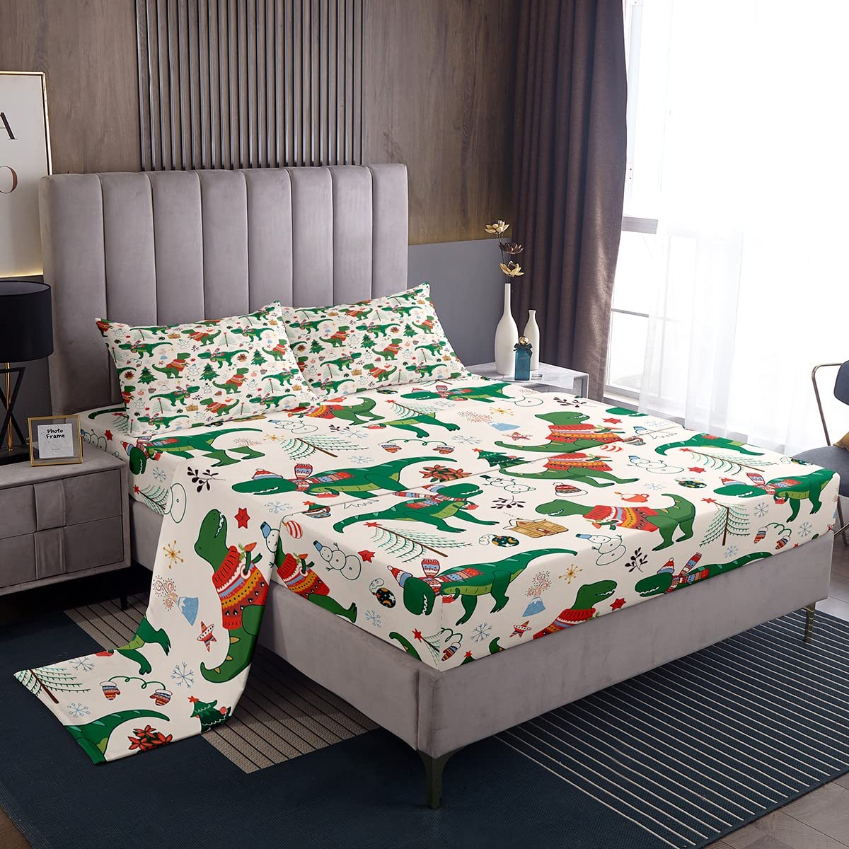 Dinosaur & Snowman Christmas Bed Sheets Set for Kids - Twin Size 3Pcs with Deep Pocket Fitted Sheet - Holiday Themed Bedroom Decor for Boys & Girls - Perfect for Xmas, New Year & Winter Season Bedding