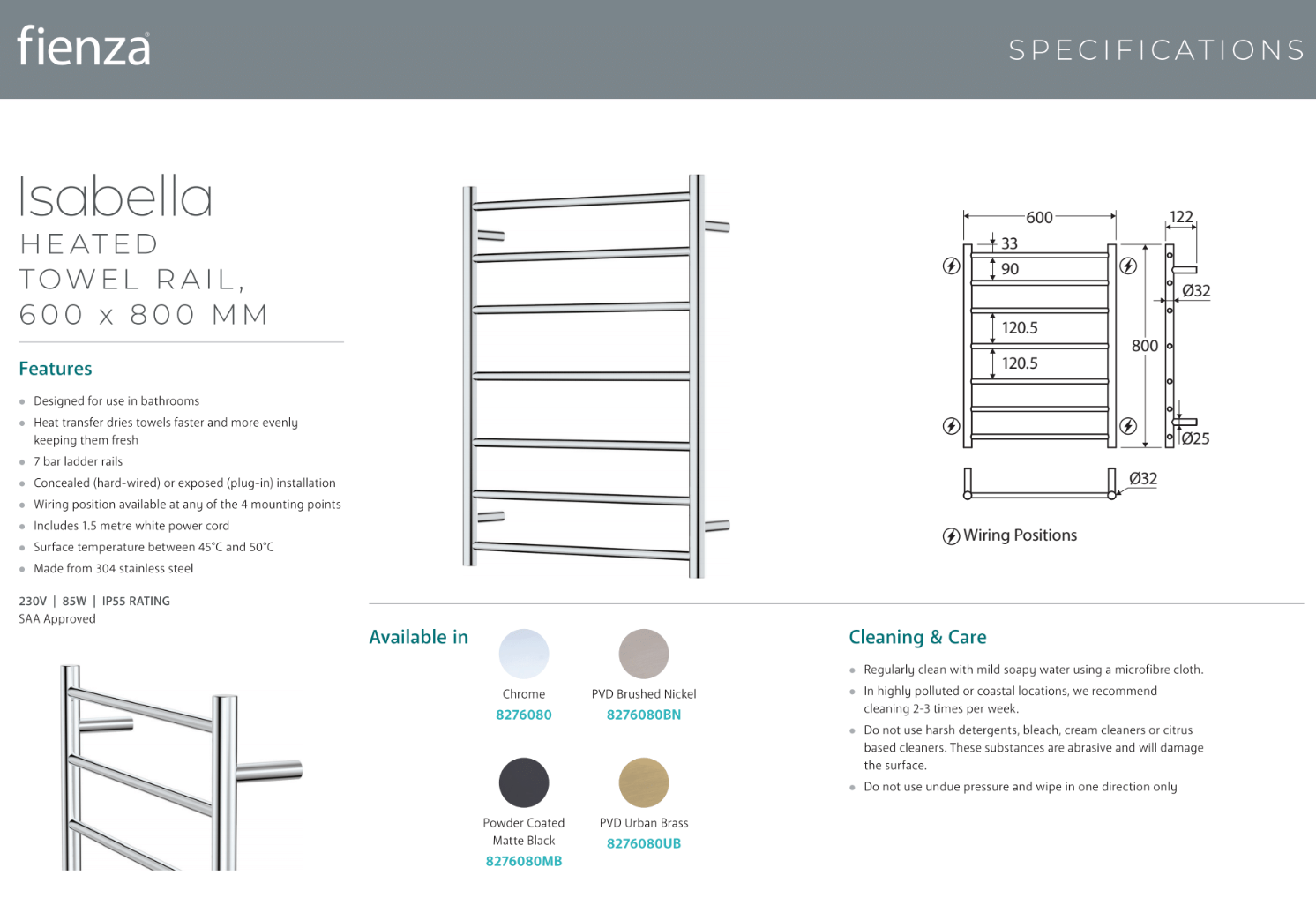 Fienza 8276080UB Isabella Heated Towel Rail 24x32 Inches, Urban Brass Finish - Premium Bathroom Heater for Luxury Spa, Hotel & Home Use