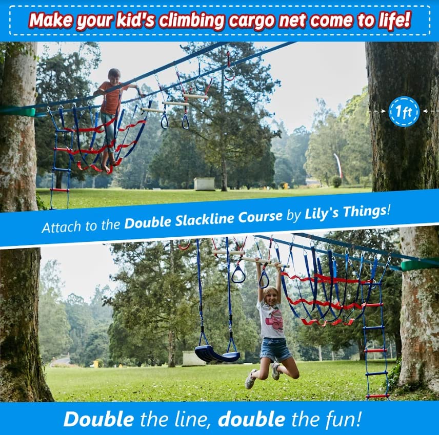 Lily's Things Double Slackline Accessories Kit - Cargo Net Attachment, Ninja Slackline & Climbing Wall Equipment for Outdoor Playgrounds and Adventure Courses | Perfect for Backyard Fun, Park Installations, and Ninja Warrior Training