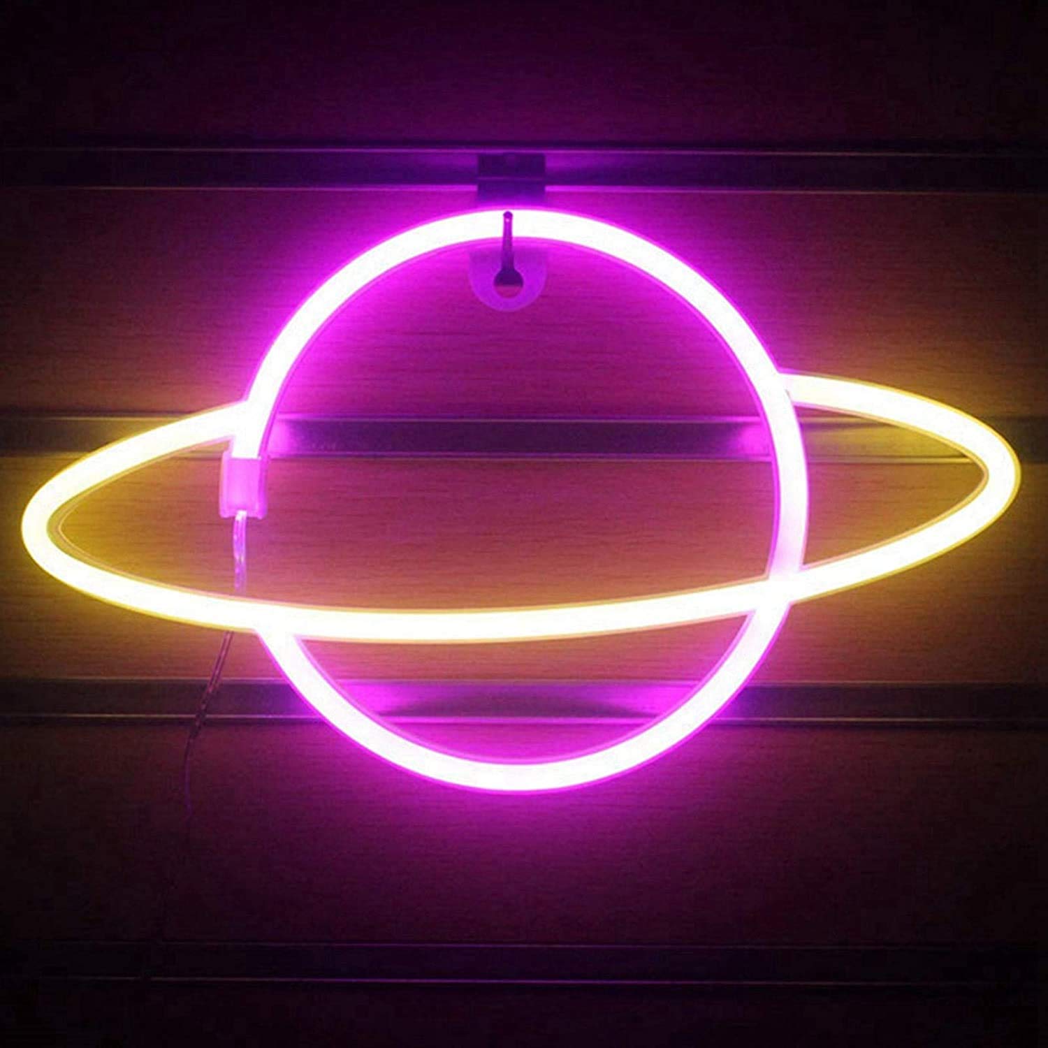WONFAST LED Neon Sign - Planet Rocket Acrylic Night Light with Battery/USB Power, Wall Decor for Kids Room, Christmas, Birthday & Wedding Party (Pink/Yellow) - Perfect for Bedroom, Nursery, Game Room & Home Decor