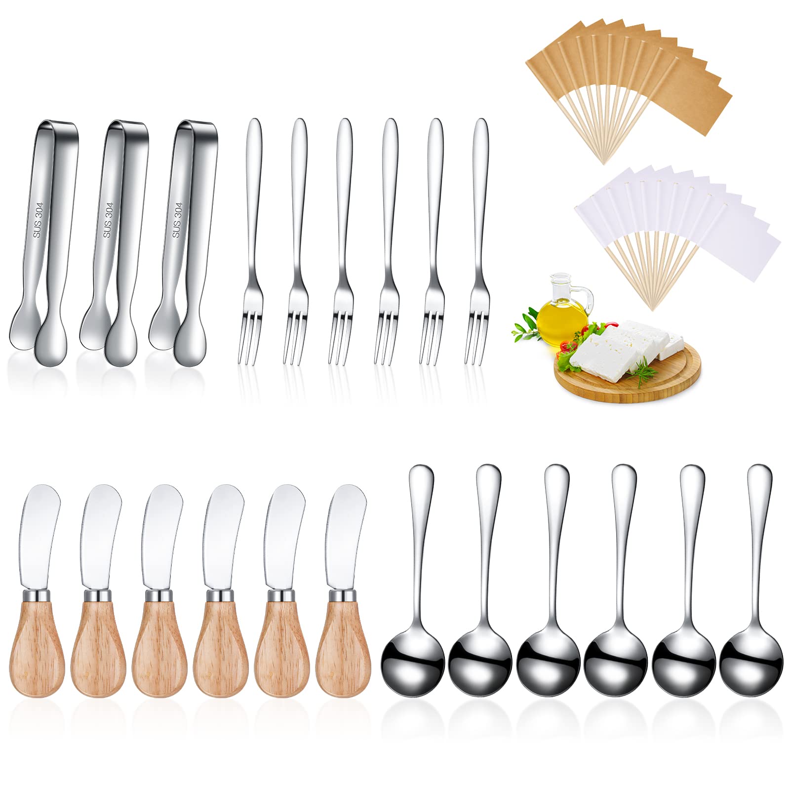 Premium Stainless Steel Cheese & Butter Spreader Knives Set with Wooden Handles - 21-Piece Charcuterie Board Accessories Kit Includes Mini Serving Tongs, Spoons & Forks (Silver) - Perfect for Wine Parties, Cheese Platters & Charcuterie Boards