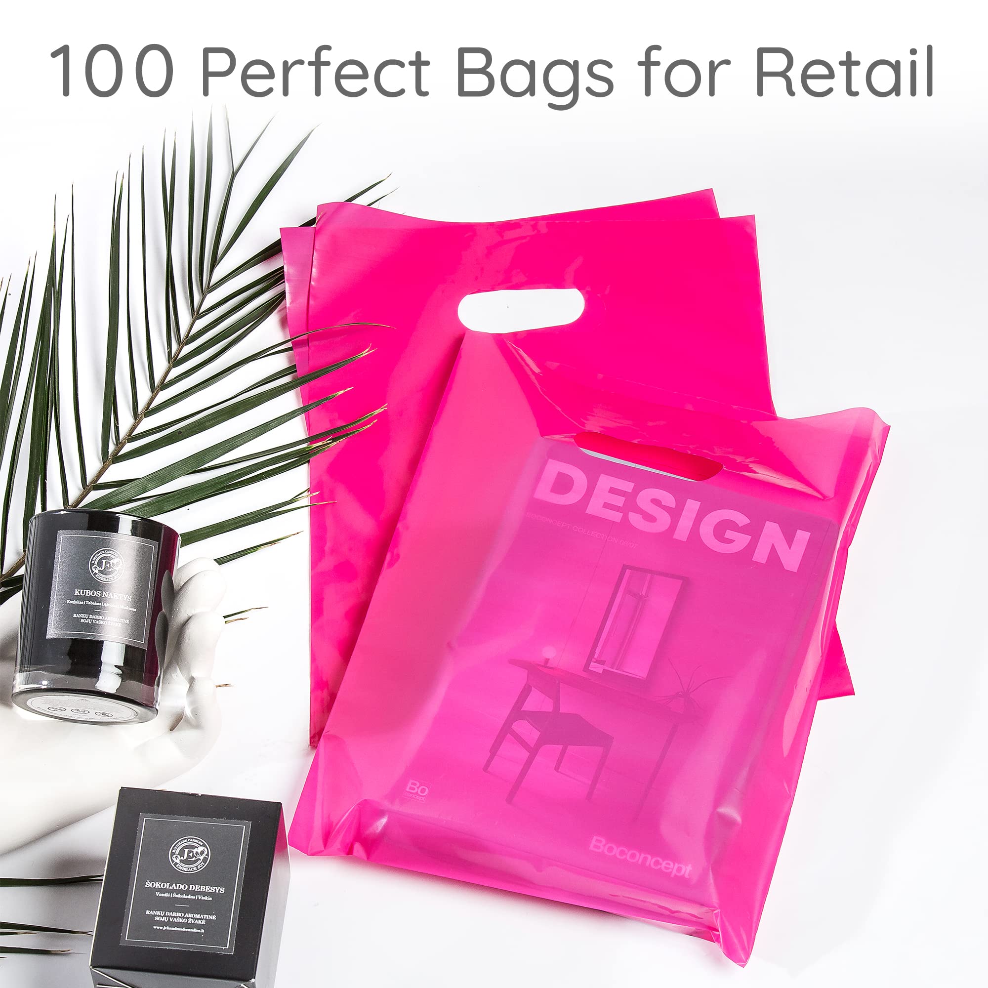 100 Pink Plastic Bags with Handles 1.5Mil Thick 9