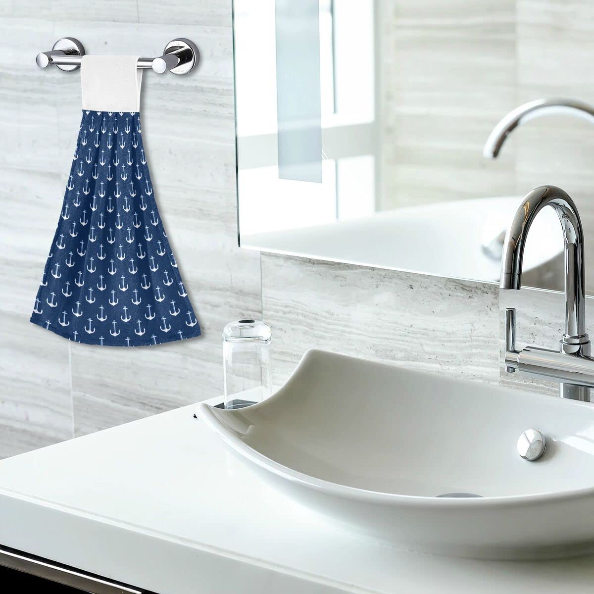 Nautical Blue and White Anchor Kitchen Towels Set of 2 - Soft Coral Velvet Absorbent Dish Towels with Hanging Loops - Perfect for Kitchen, Bathroom, and Summer Beach House Decor