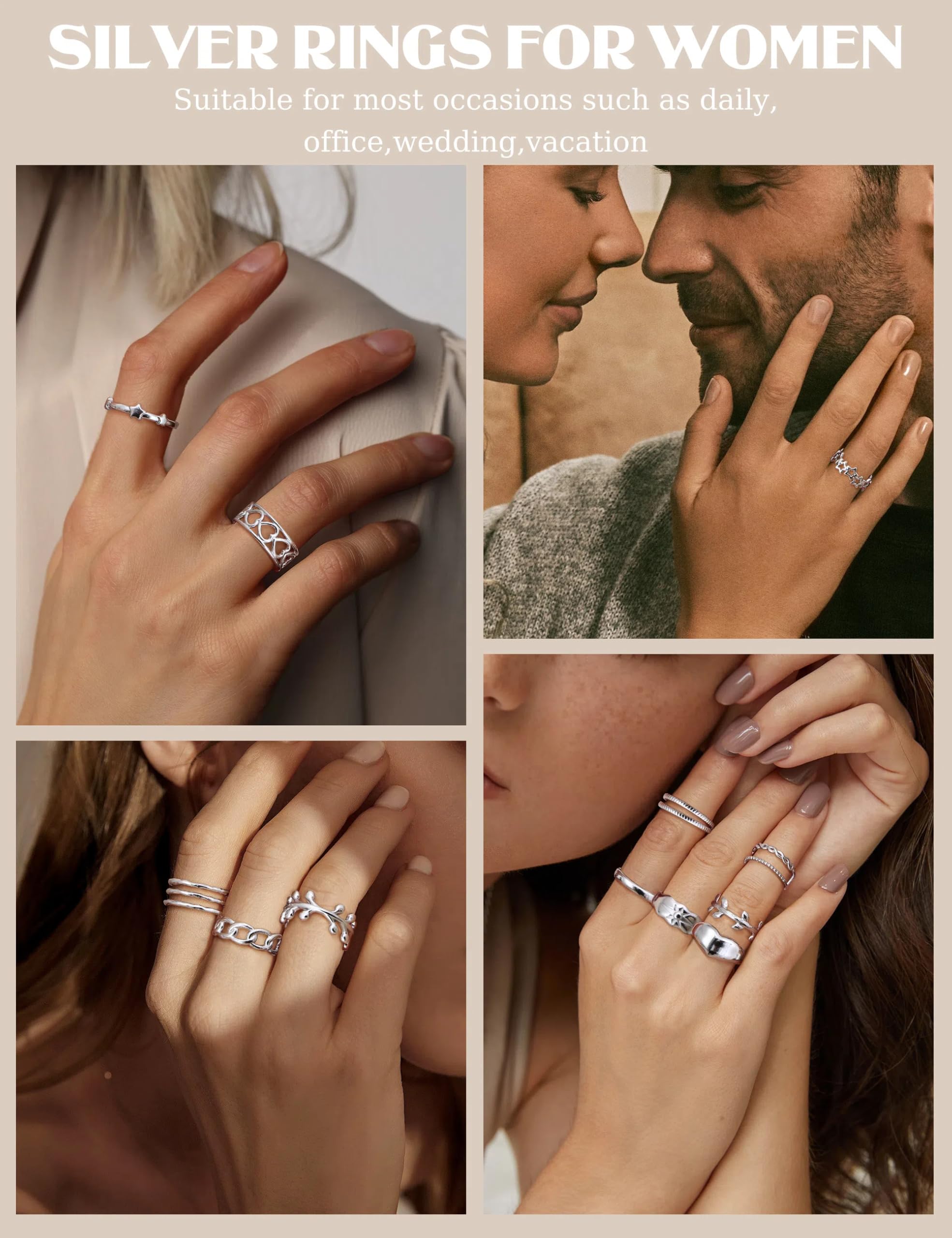 12Pcs Stainless Steel Stackable Rings for Women - Silver Aesthetic Adjustable Open Knuckle & Thumb Rings (Size 6-9) - Trendy Indie Jewelry for Everyday Wear, Layering & Boho Fashion