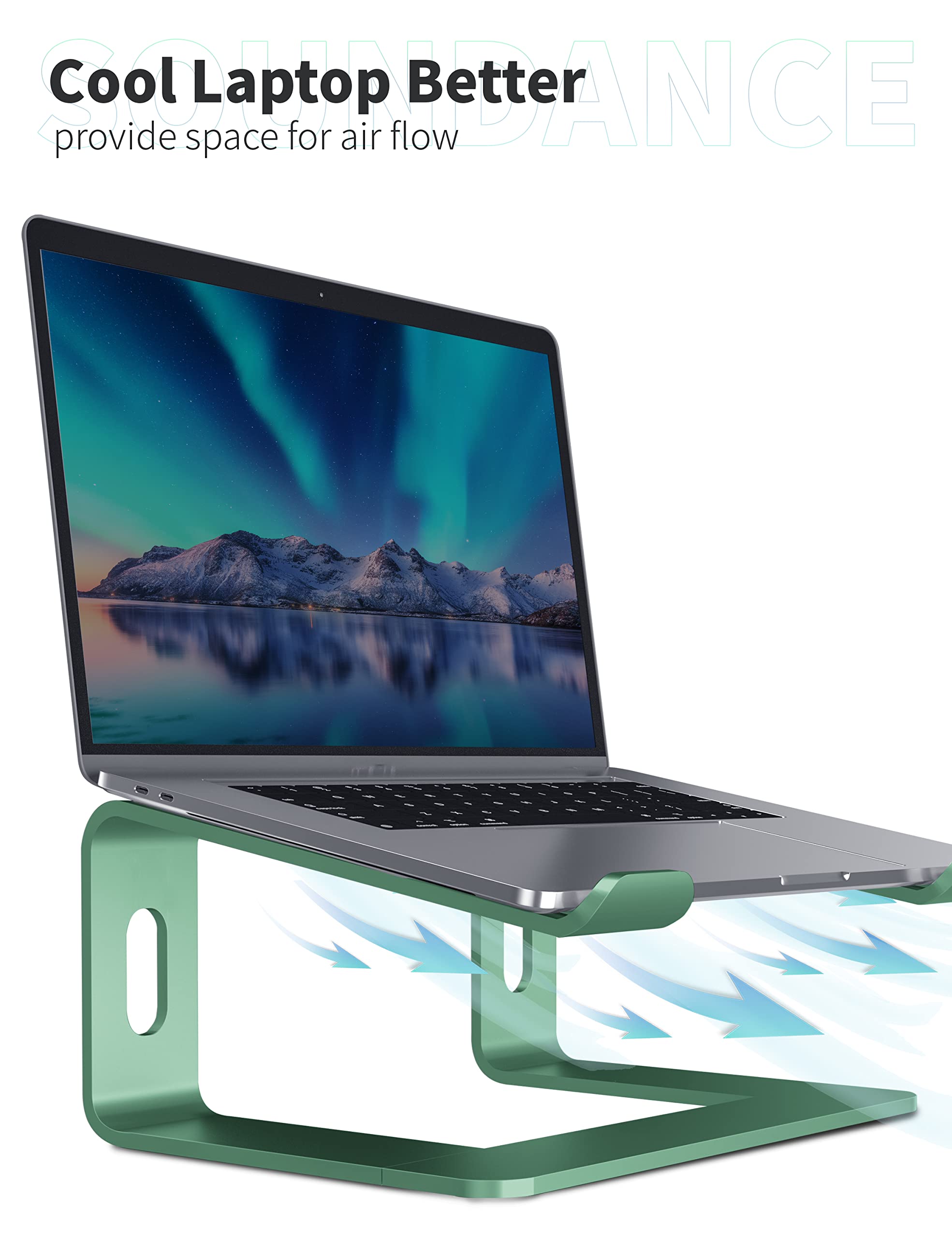 SOUNDANCE Aluminum Laptop Stand for 10-15.6 Inch Notebooks - Ergonomic Computer Riser with Adjustable Height, Portable Desk Organizer for MacBook, Dell, HP (Green) - Perfect for Home Office, Gaming & Workspace Setup