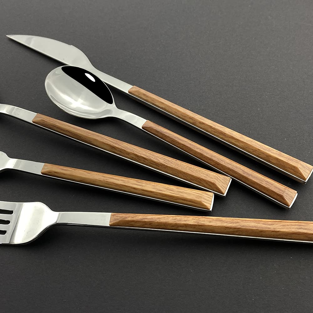 6/30Pcs Stainless Steel Flatware Set with Wooden Handle - Western Dinnerware Cutlery Set Includes Knife, Fork & Spoon - Elegant Tableware for Restaurants, Weddings & Home Dining (Yellow)